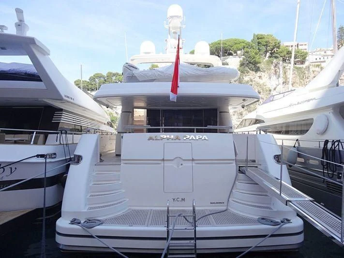a white boat with a red stripe aboard ALPHA PAPA Yacht for Sale