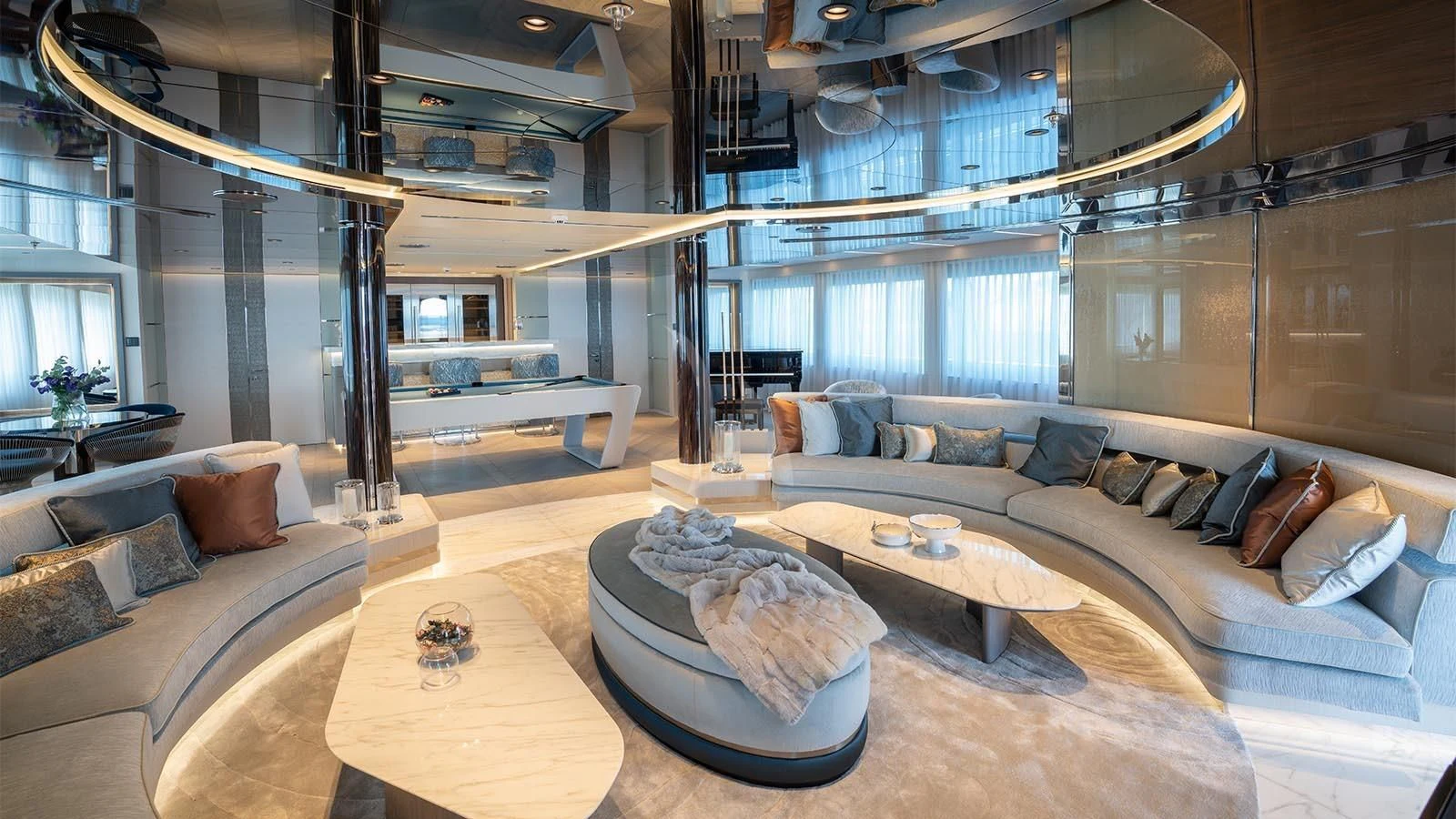 a living room with a large window aboard TATIANA Yacht for Sale