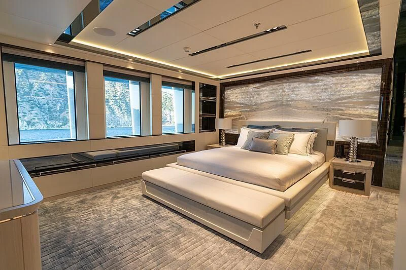 a large living room with a large window aboard TATIANA Yacht for Sale