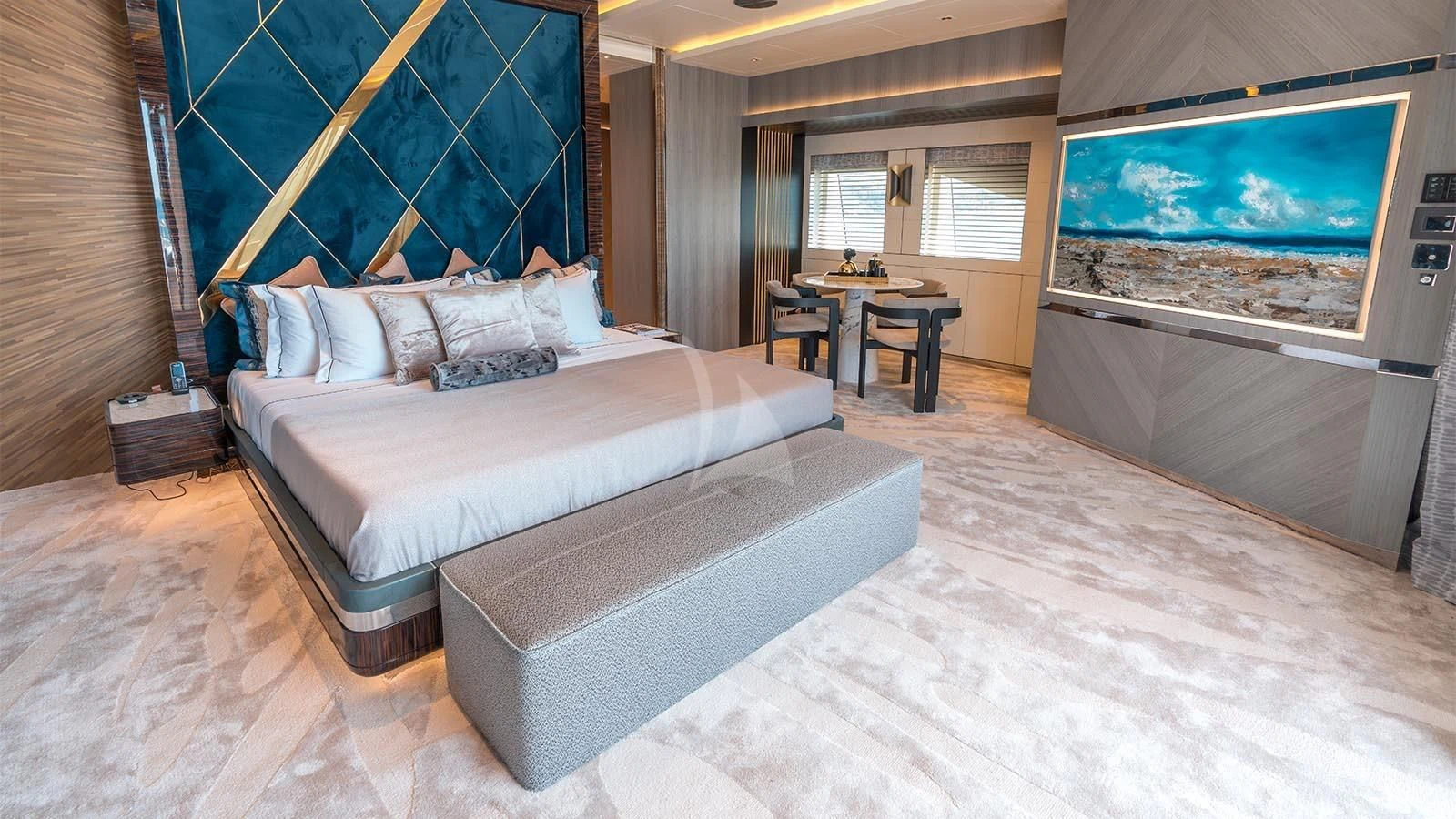 a bed in a room aboard TATIANA Yacht for Sale