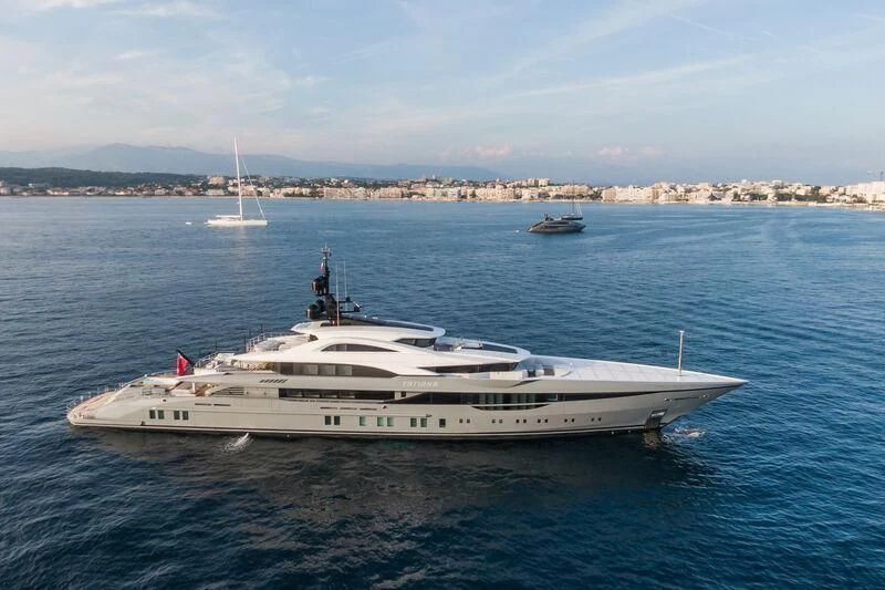 a large white yacht in the water aboard TATIANA Yacht for Sale