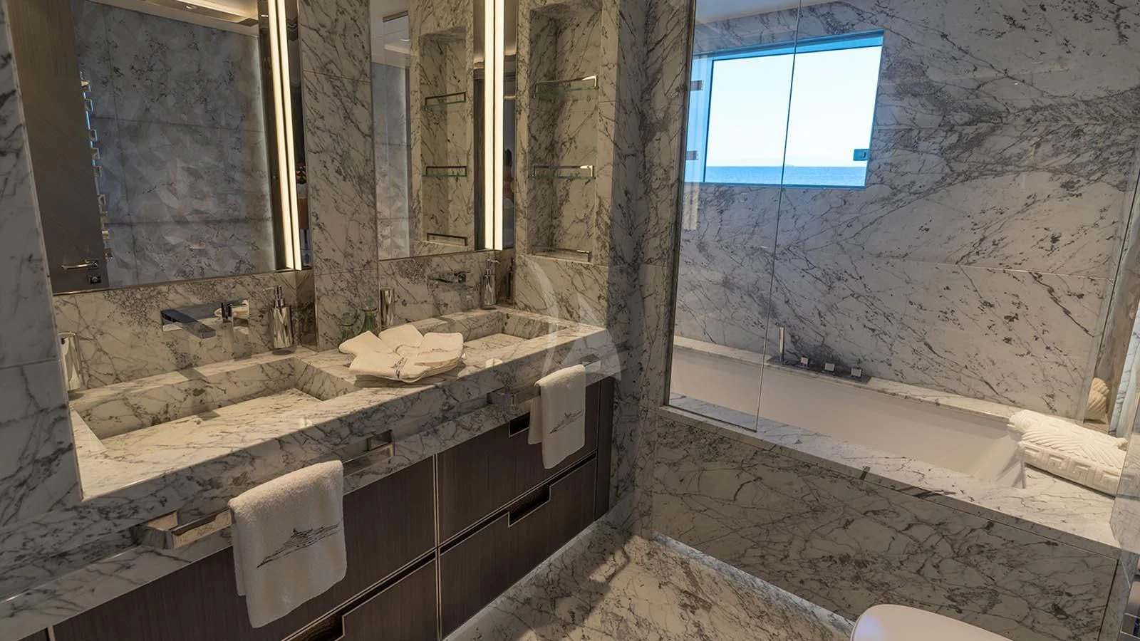 a bathroom with marble tiles aboard TATIANA Yacht for Sale