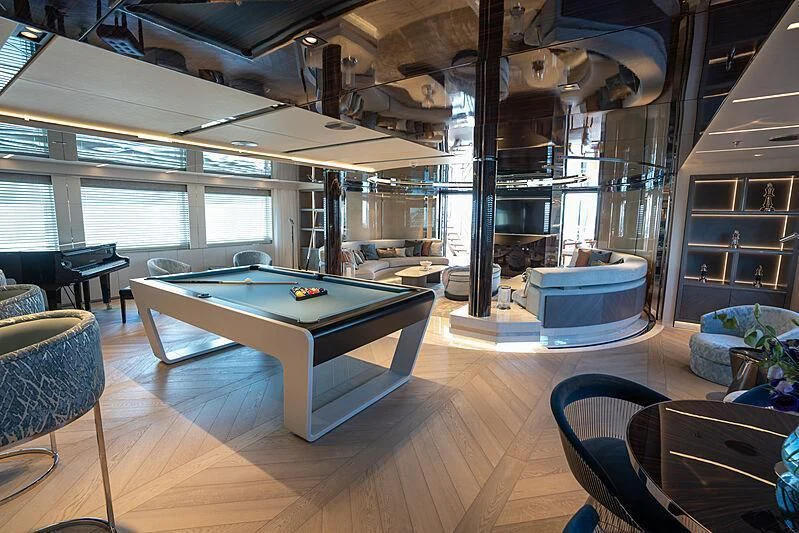 a pool table in a room aboard TATIANA Yacht for Sale