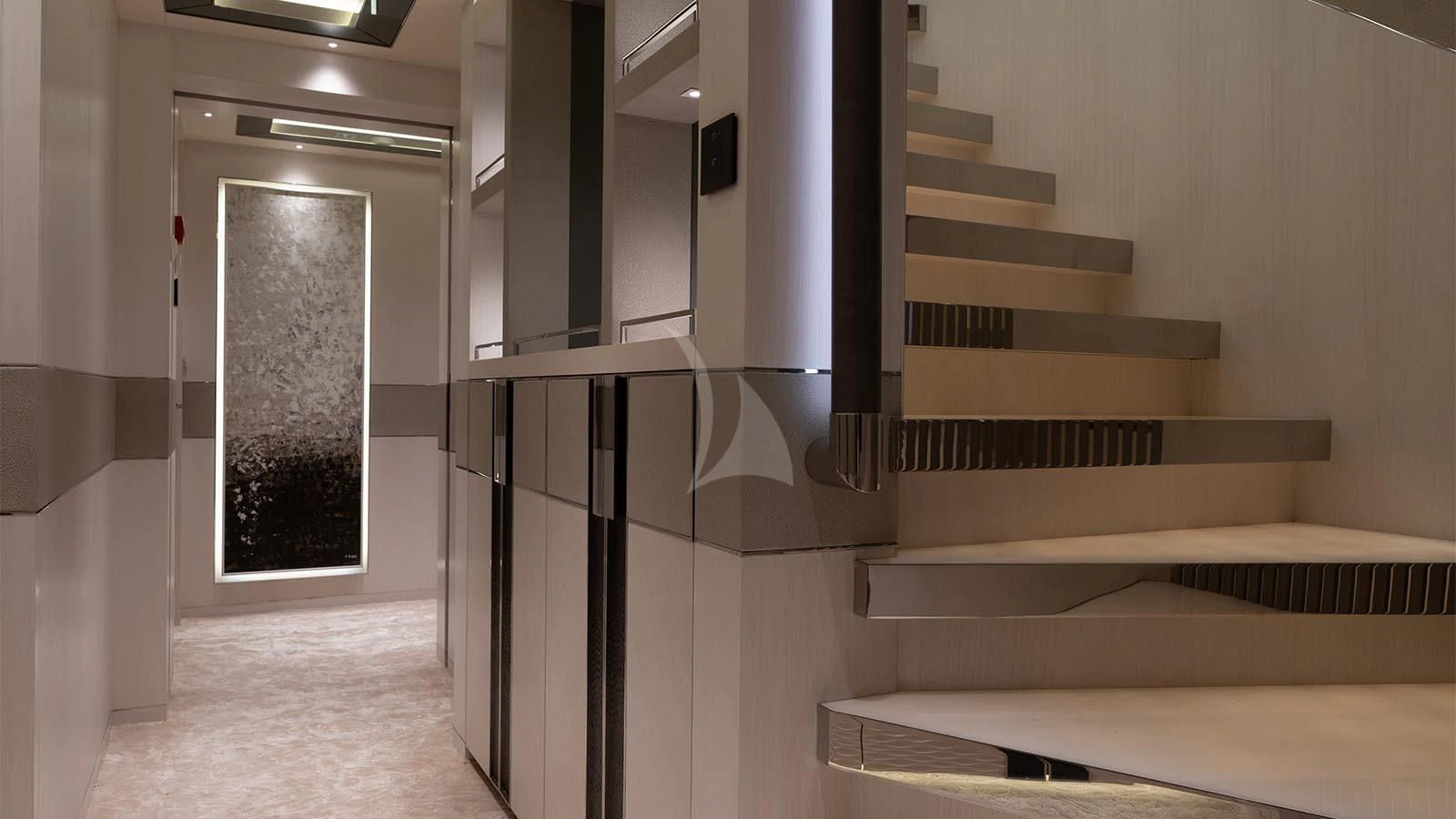 a room with several white stairs aboard TATIANA Yacht for Sale