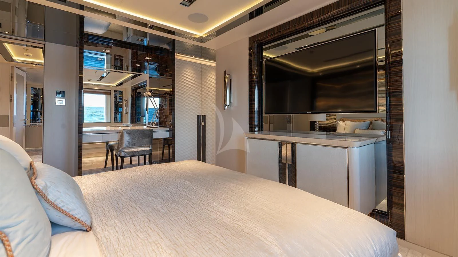 a bed in a room aboard TATIANA Yacht for Sale