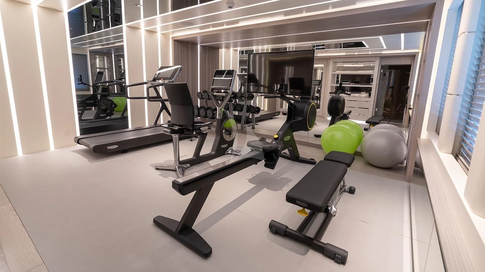 a gym with exercise equipment aboard TATIANA Yacht for Sale