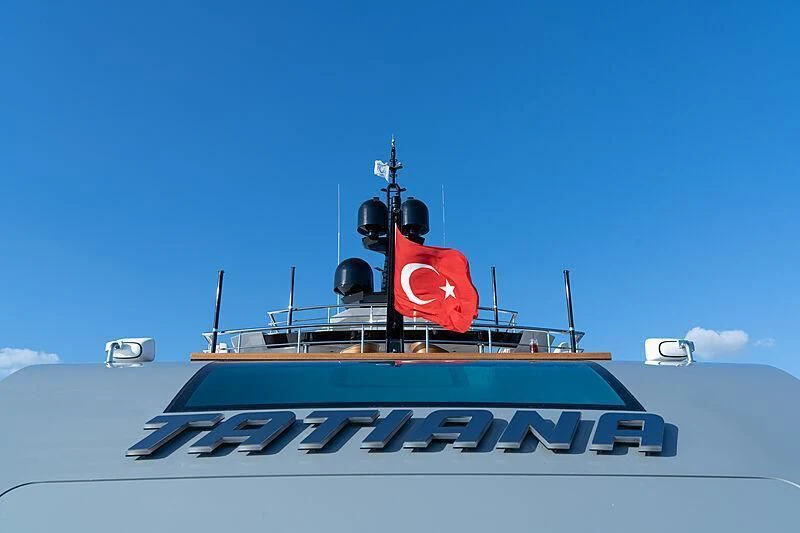 a large ship with a satellite dish on top aboard TATIANA Yacht for Sale