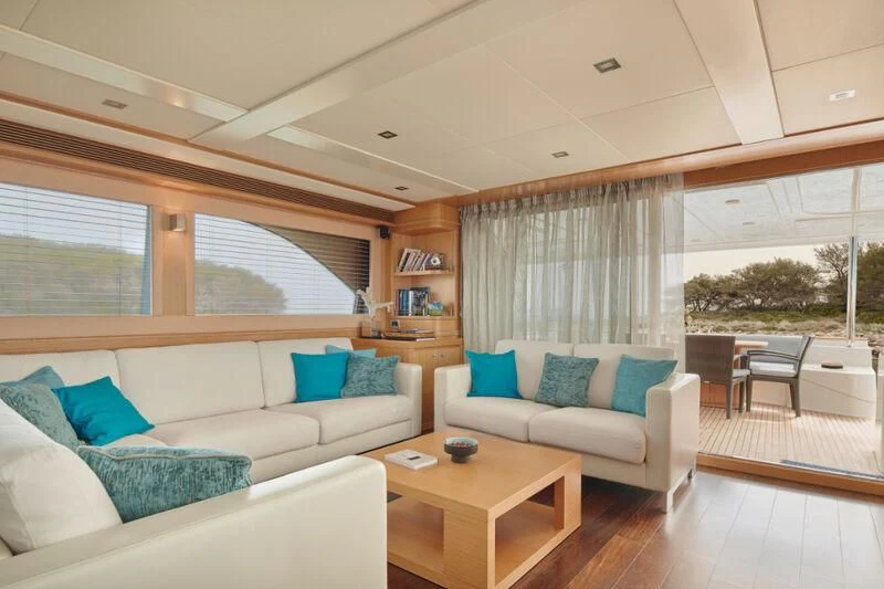 a living room with a couch and a table aboard FRIEND'S BOAT Yacht for Charter