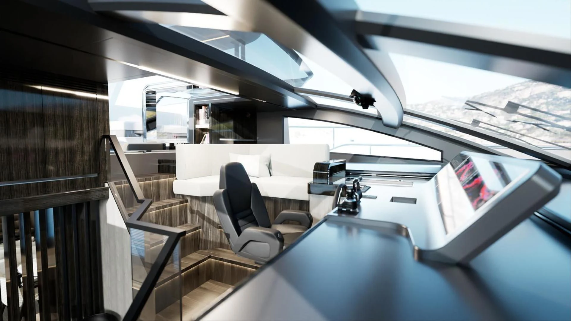 a large white and black room with a table and chairs and a window aboard KNEAD IT Yacht for Sale