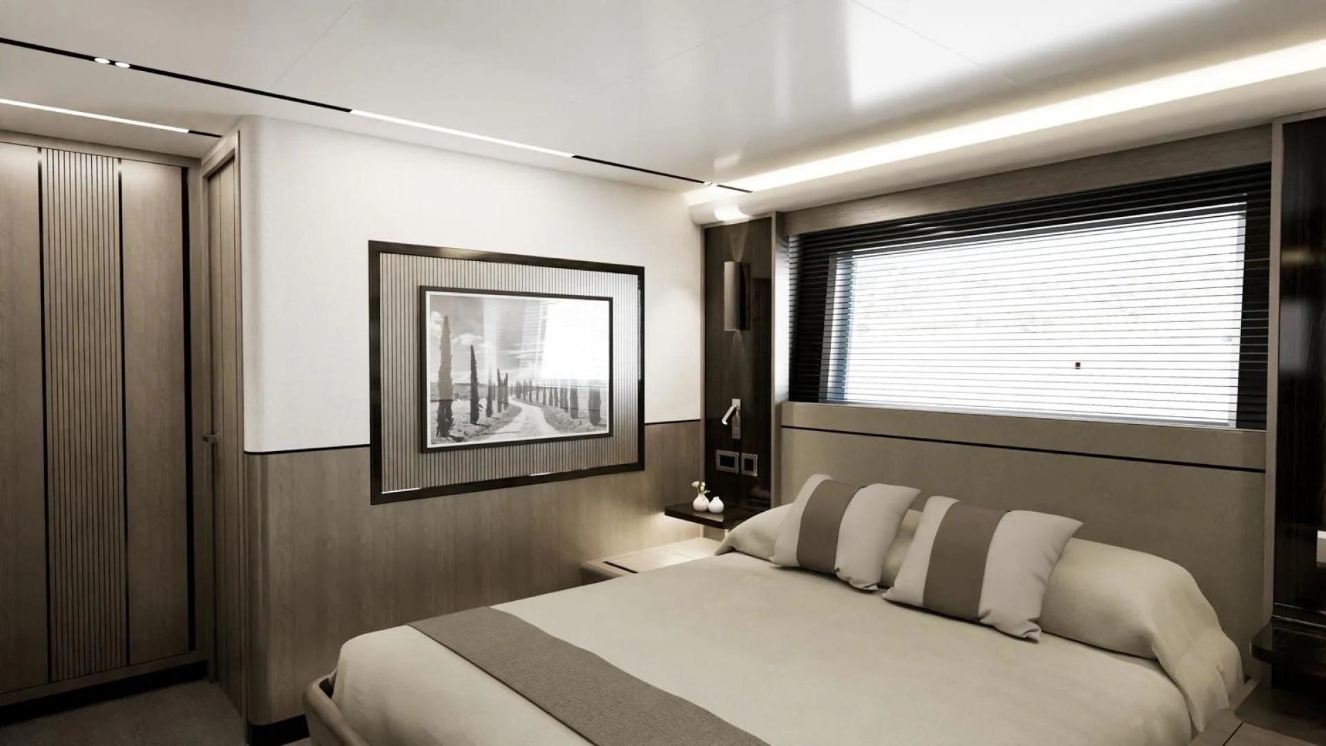 a bed with a white sheet and pillows in a room with a wood door and a mirror aboard KNEAD IT Yacht for Sale