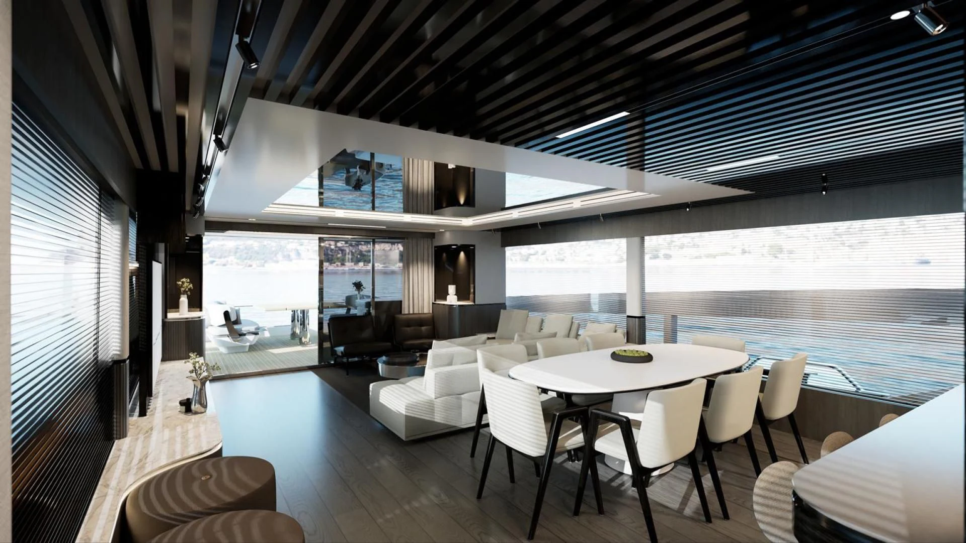 a room with a table chairs and a large window aboard KNEAD IT Yacht for Sale
