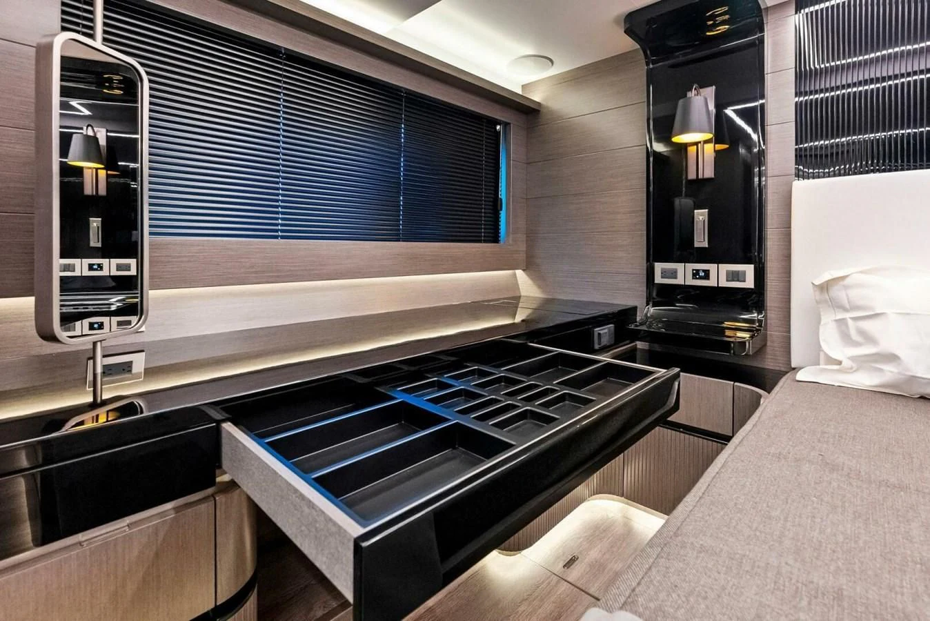 a kitchen with a stove and a vent aboard KNEAD IT Yacht for Sale