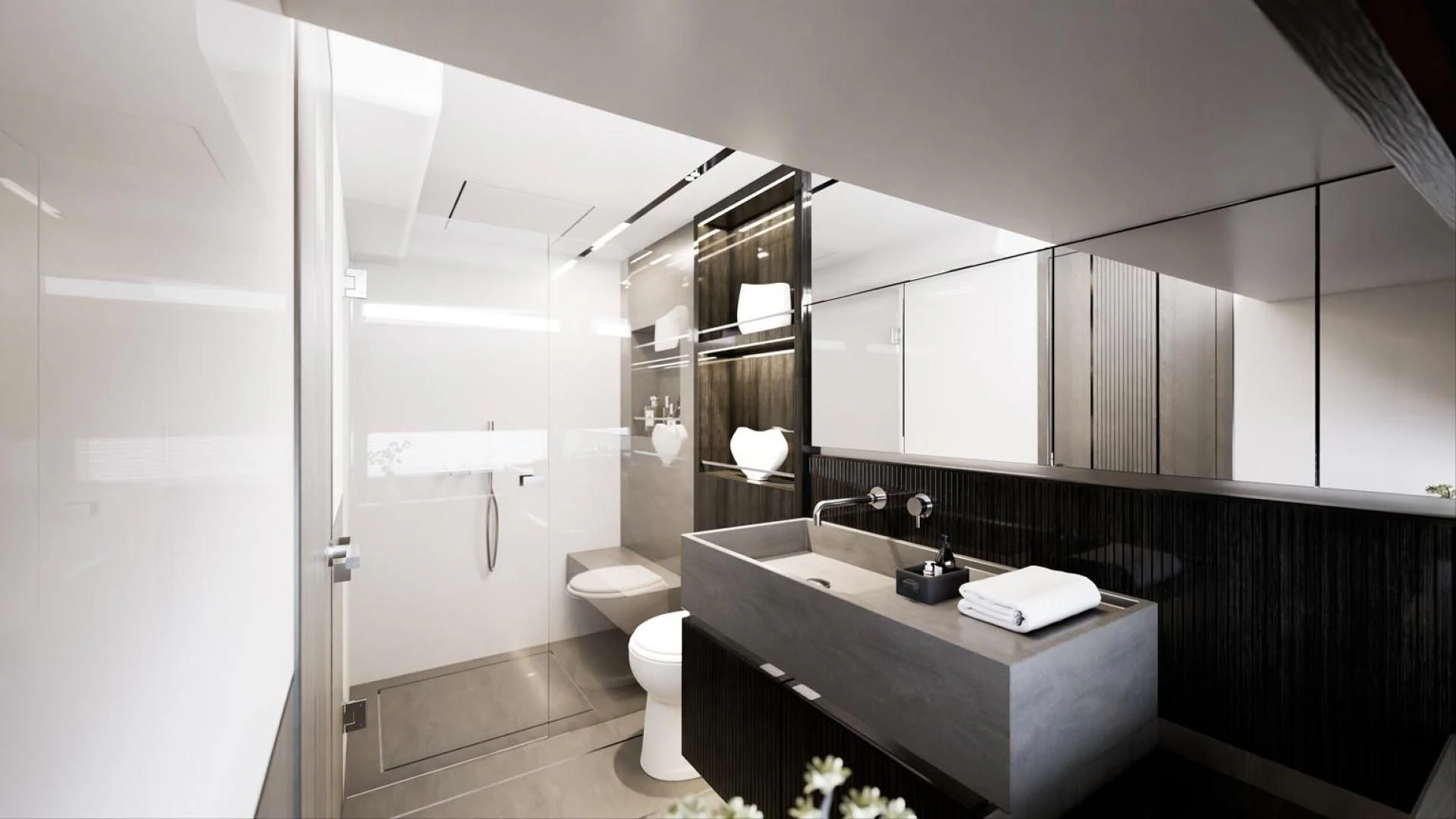 a bathroom with a large mirror aboard KNEAD IT Yacht for Sale