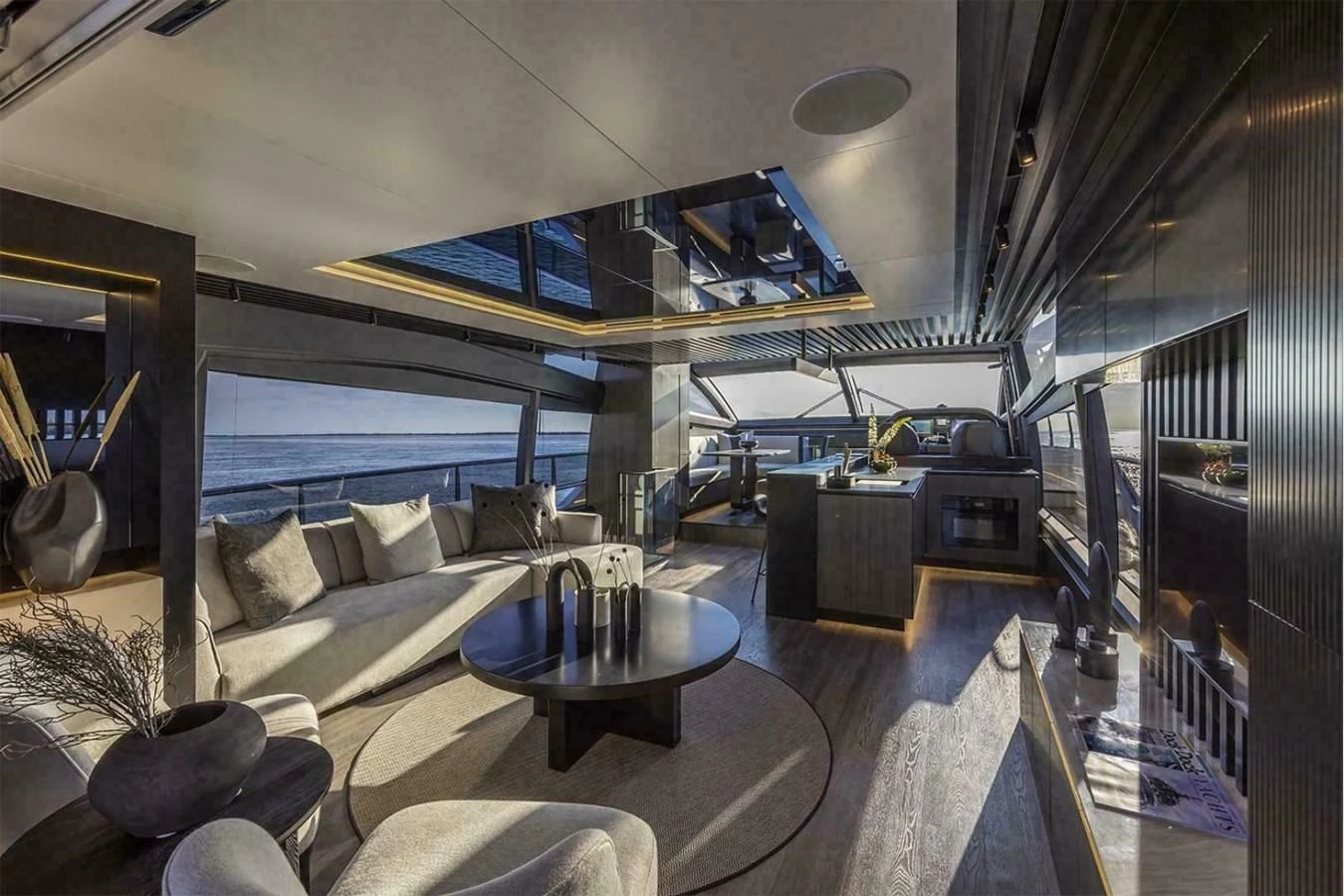 a living room with a large window aboard KNEAD IT Yacht for Sale