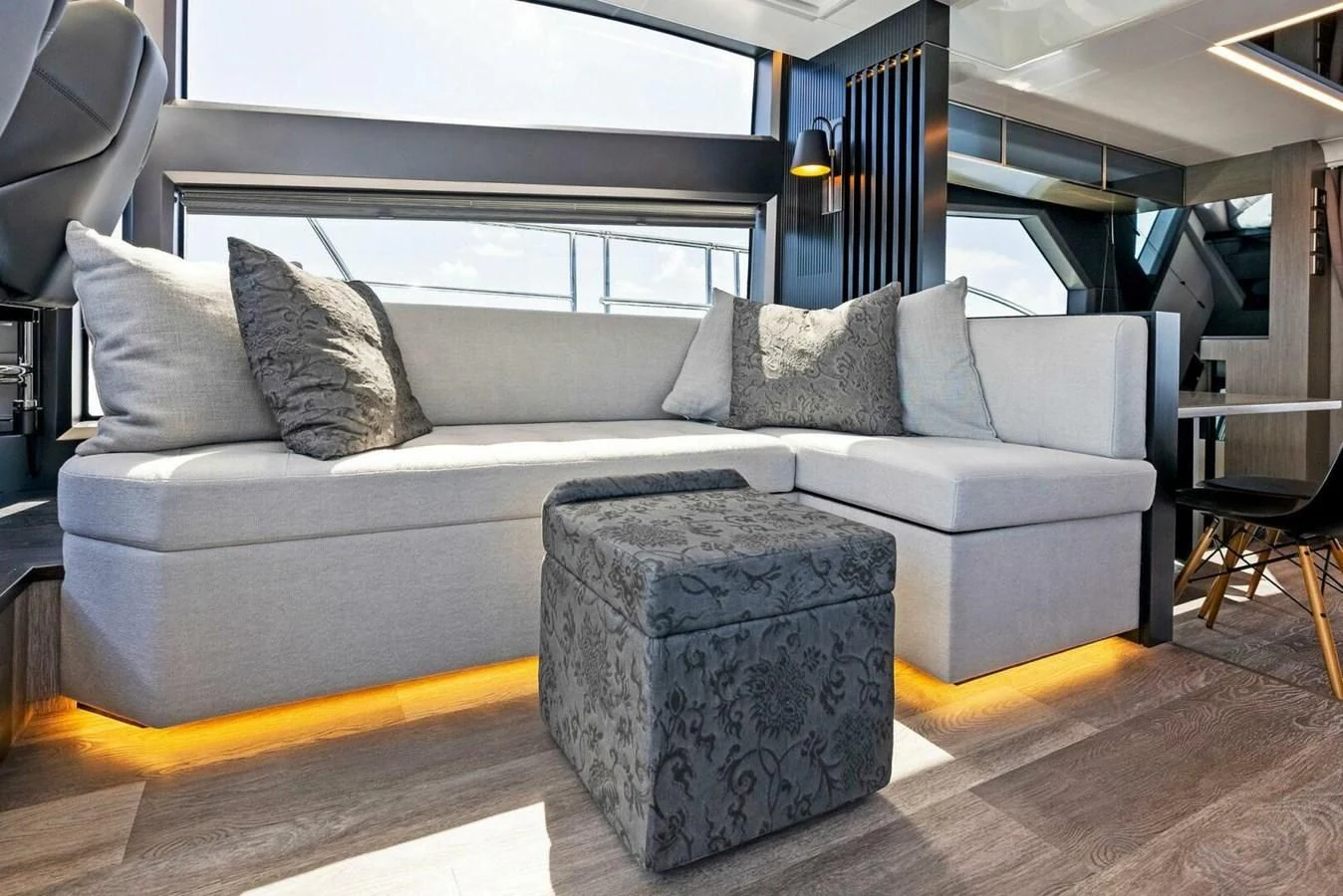 a couch in a room aboard KNEAD IT Yacht for Sale