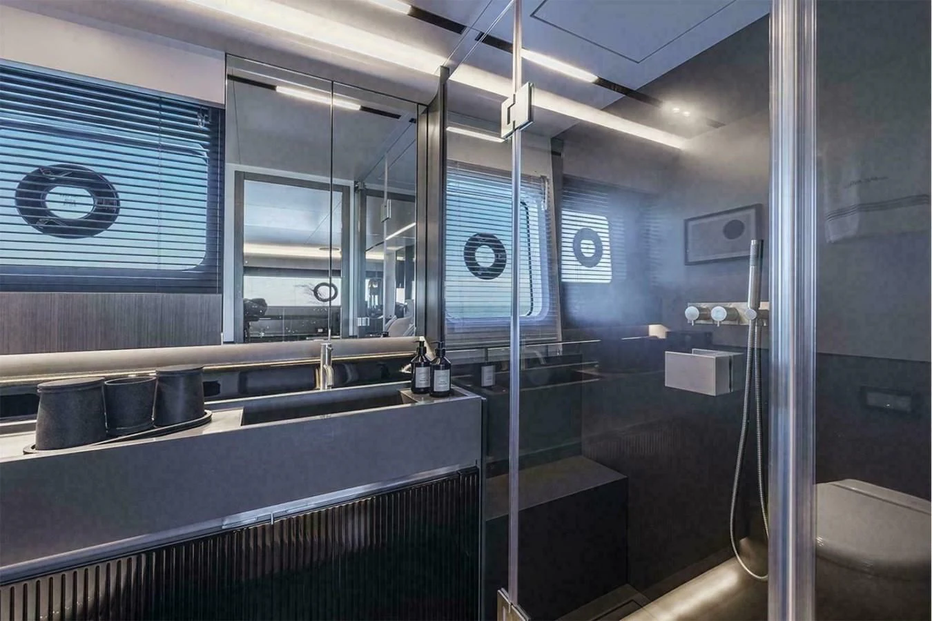 a bathroom with a large tub aboard KNEAD IT Yacht for Sale
