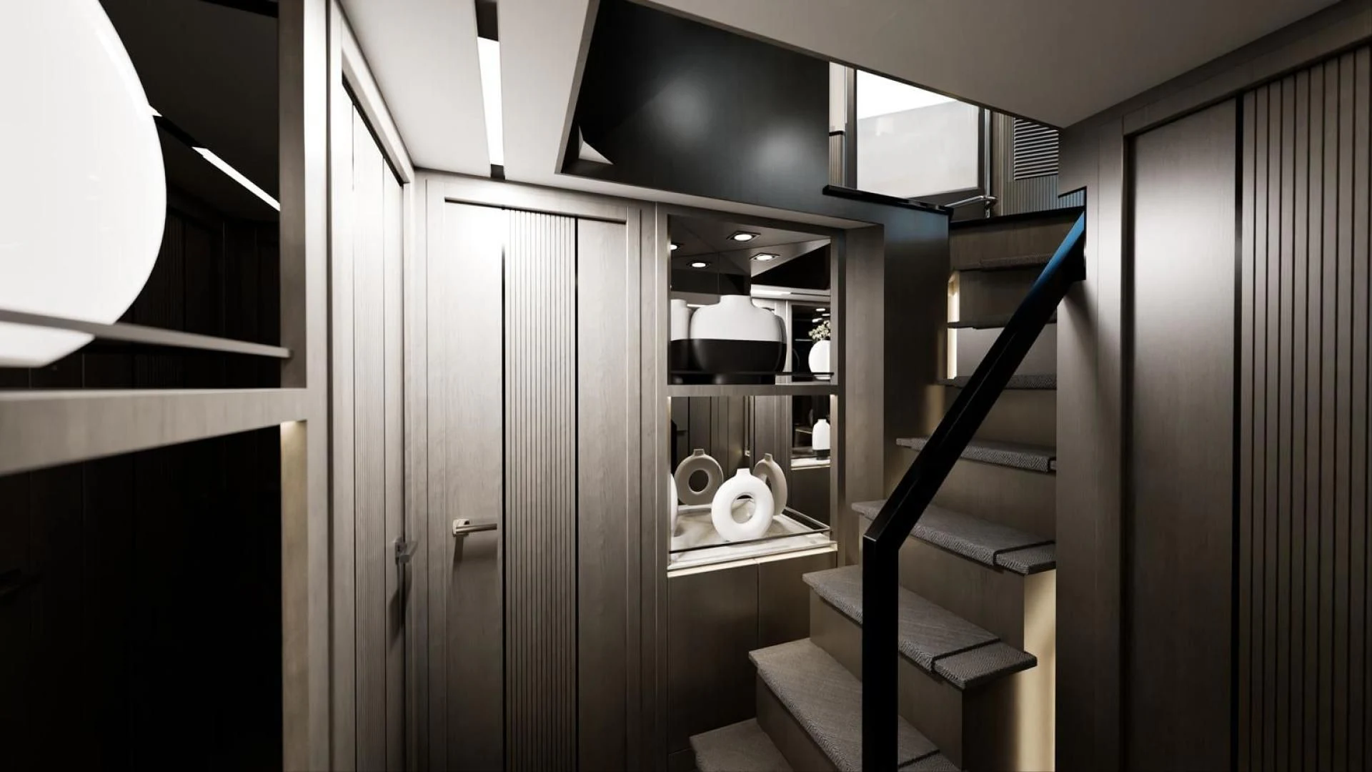 a bathroom with a shelf and a mirror aboard KNEAD IT Yacht for Sale