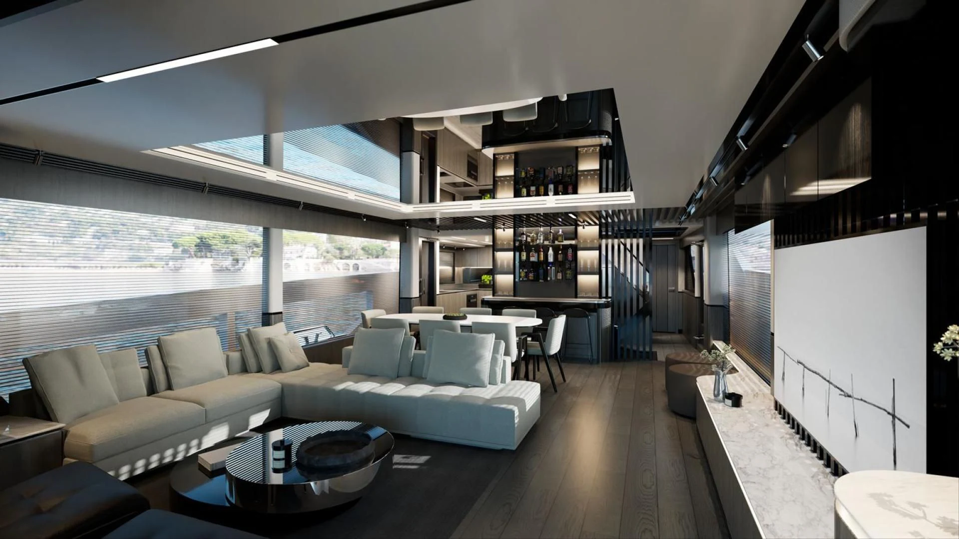 a living room with a large window aboard KNEAD IT Yacht for Sale