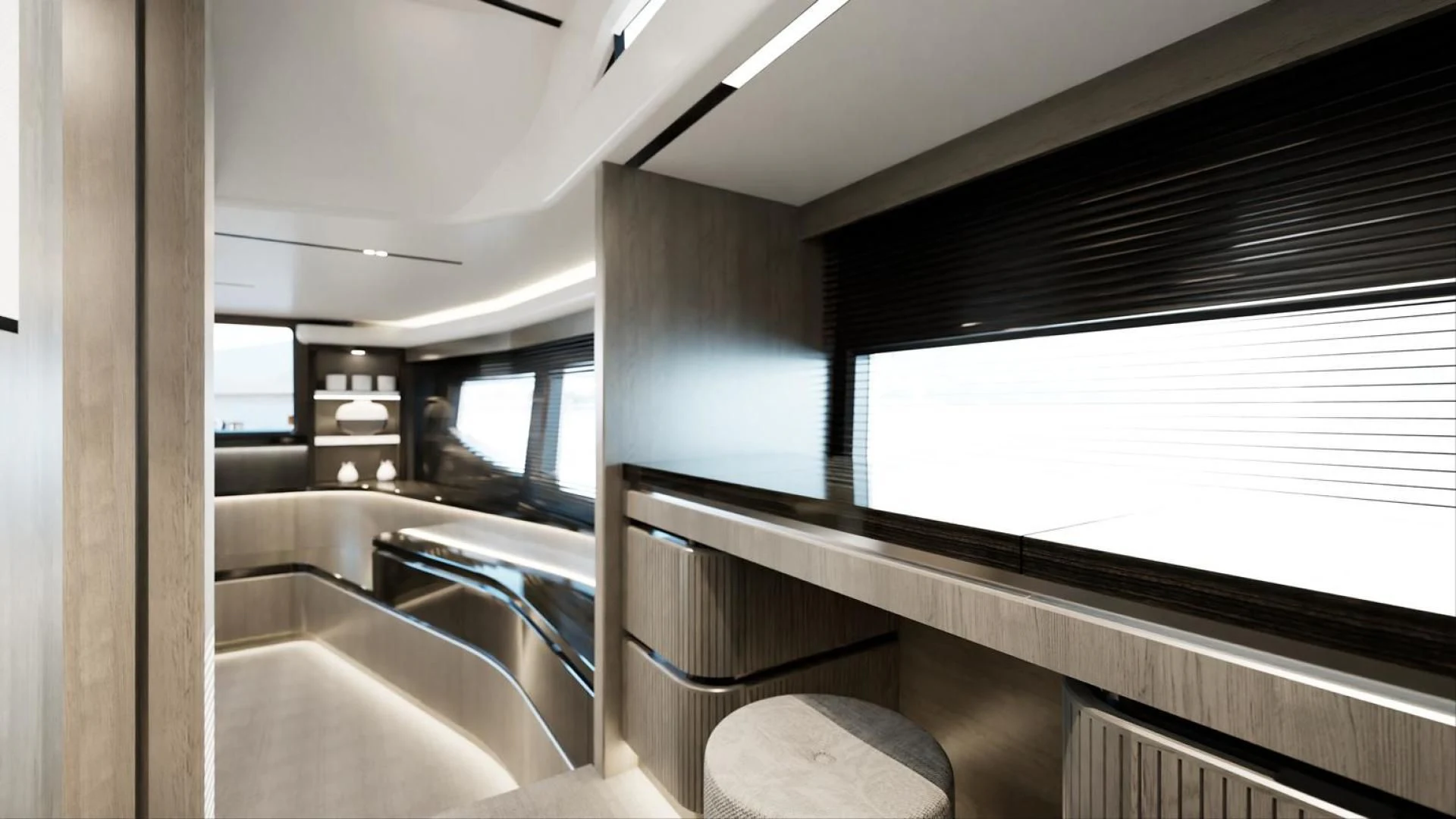 a room with a window and a balcony aboard KNEAD IT Yacht for Sale