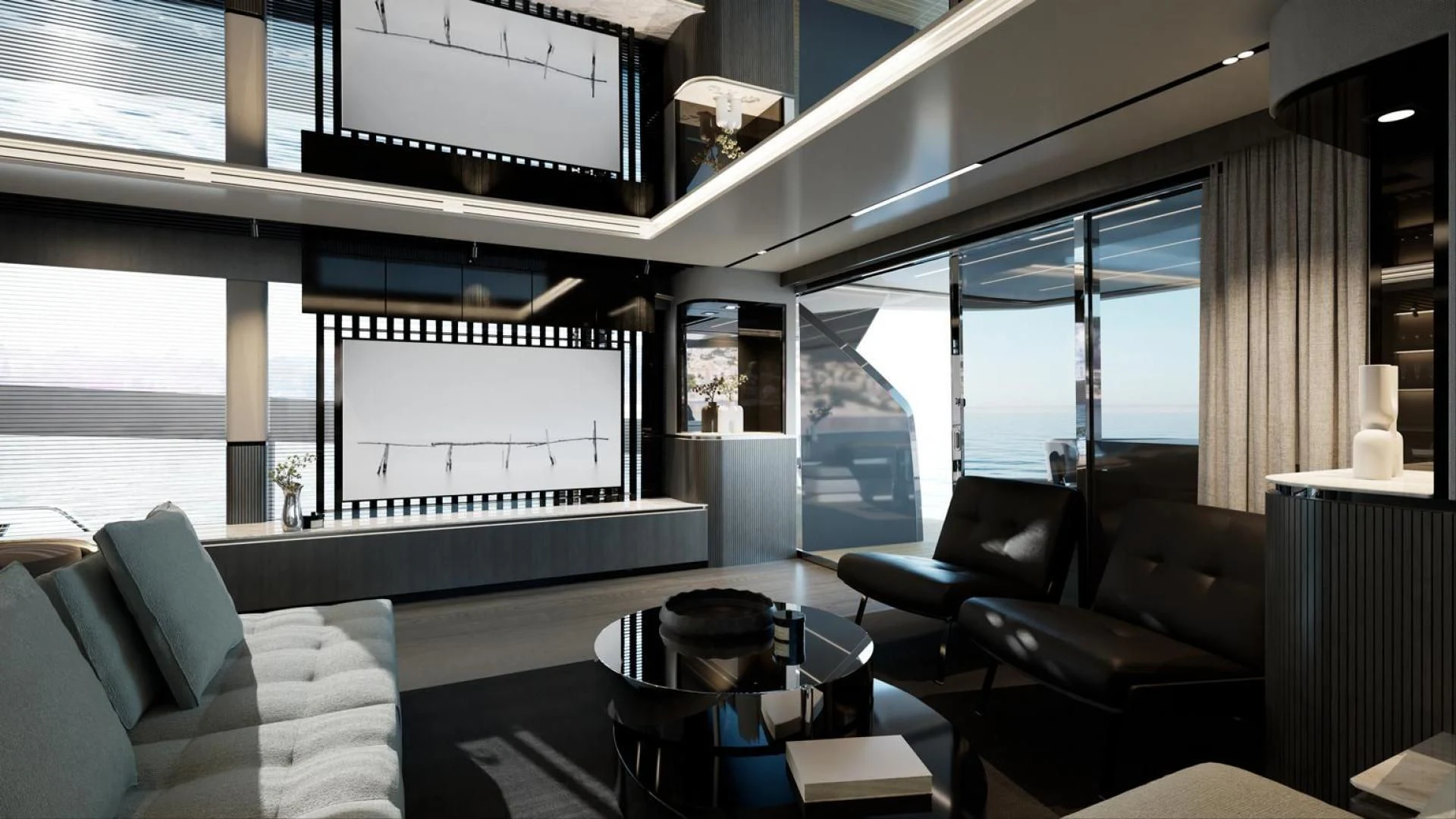 a room with a large screen aboard KNEAD IT Yacht for Sale
