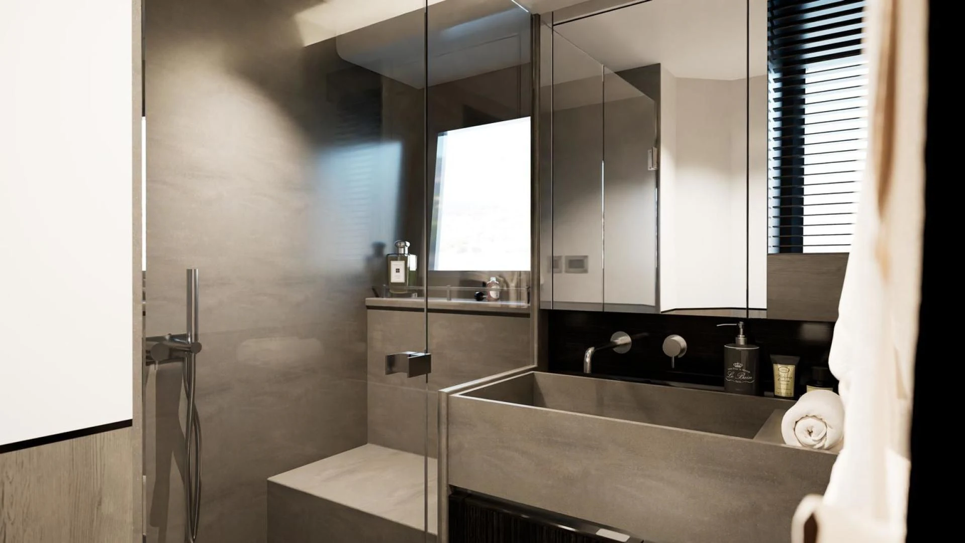 a bathroom with a countertop sink and a window aboard KNEAD IT Yacht for Sale