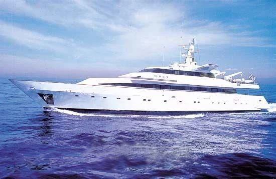 a large white ship in the water aboard RAMA II Yacht for Sale