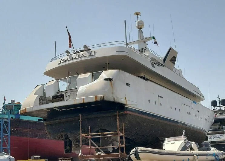 a large ship docked aboard RAMA II Yacht for Sale