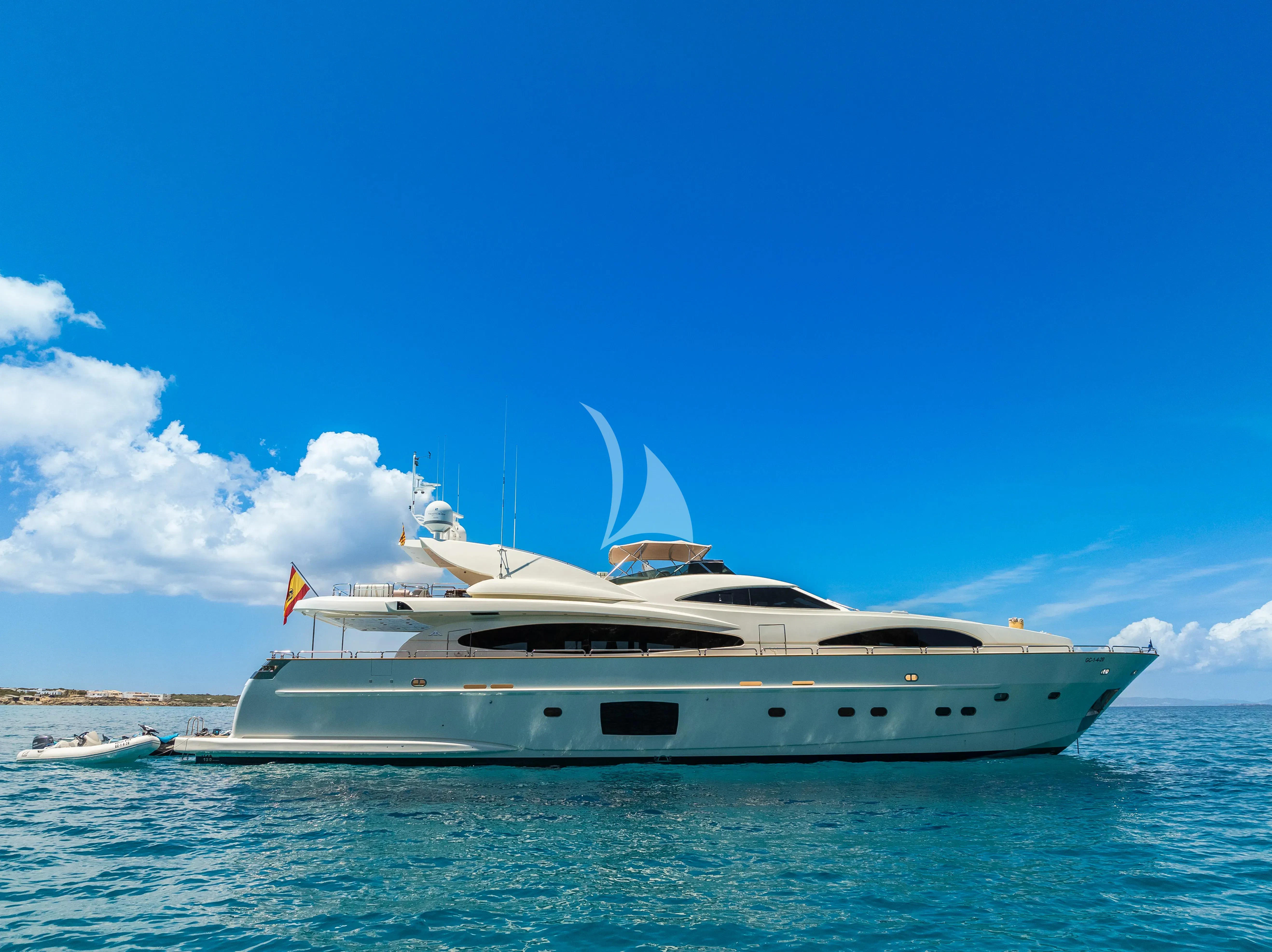 a white yacht in the water aboard DOLCE VITA IV Yacht for Sale