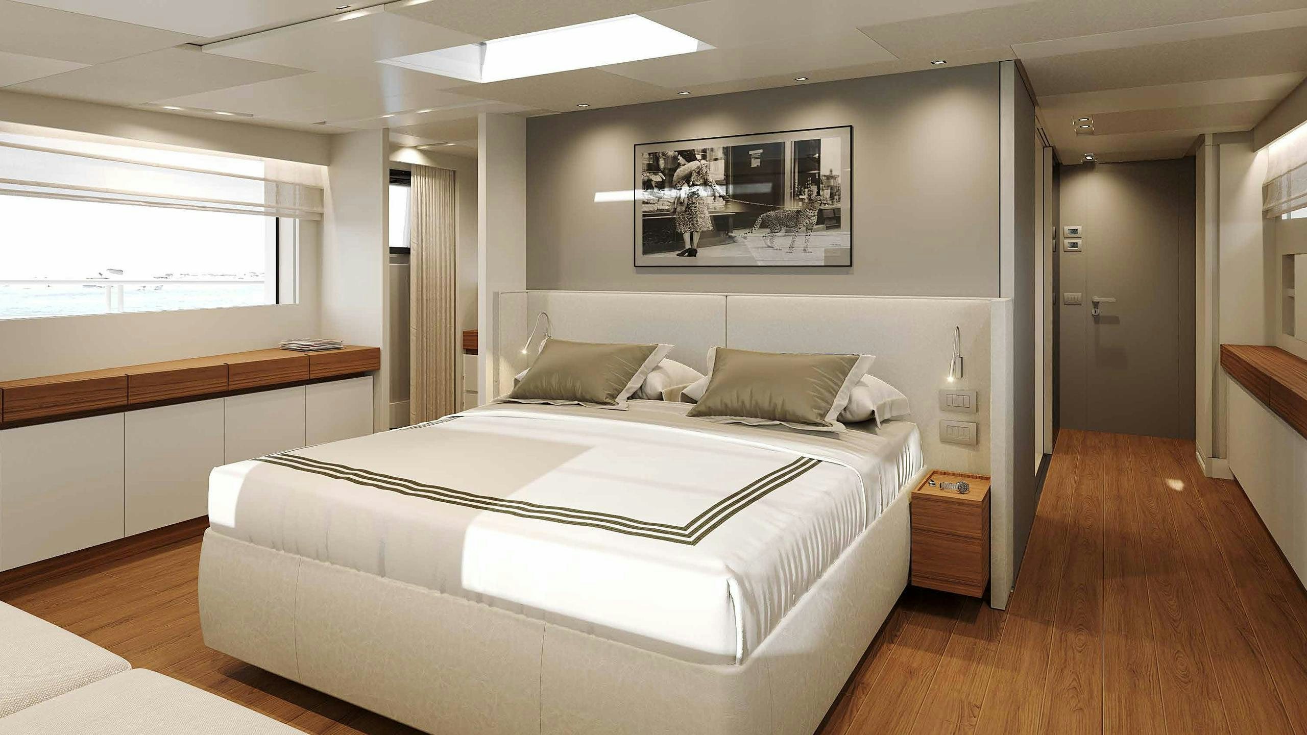 a bed in a room aboard SALT Yacht for Charter