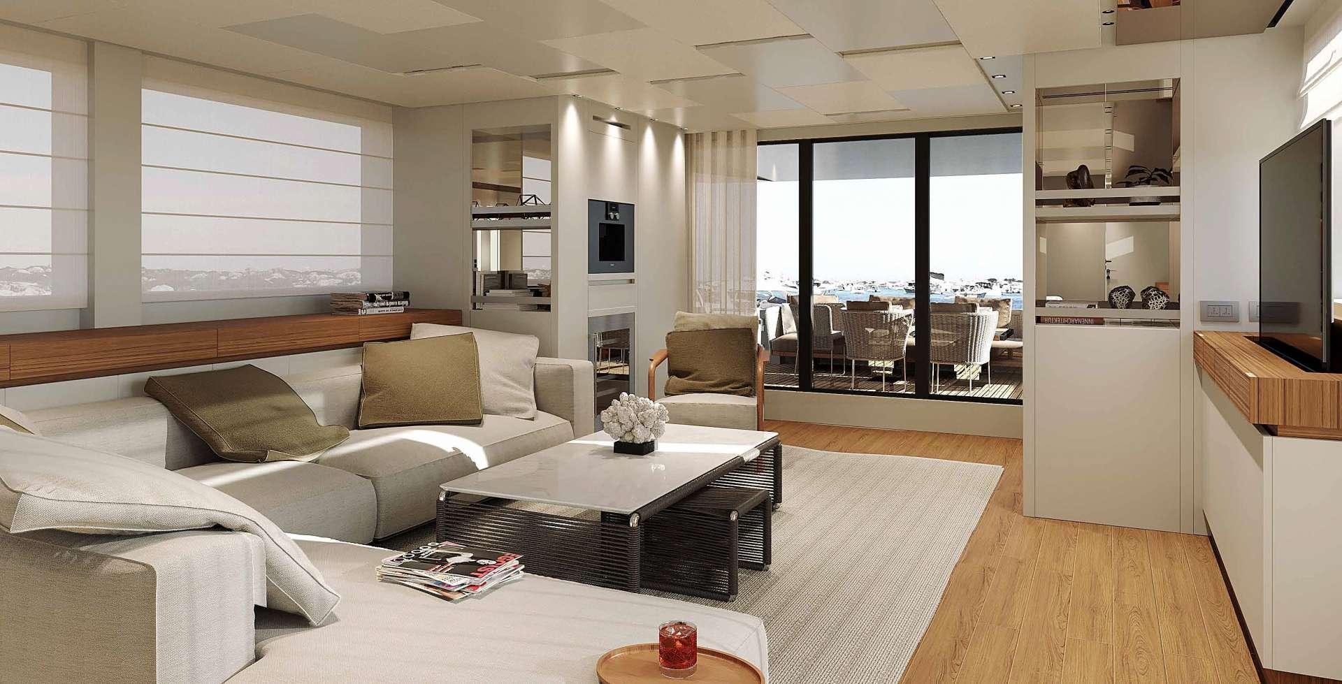 a living room with a large window aboard SALT Yacht for Charter