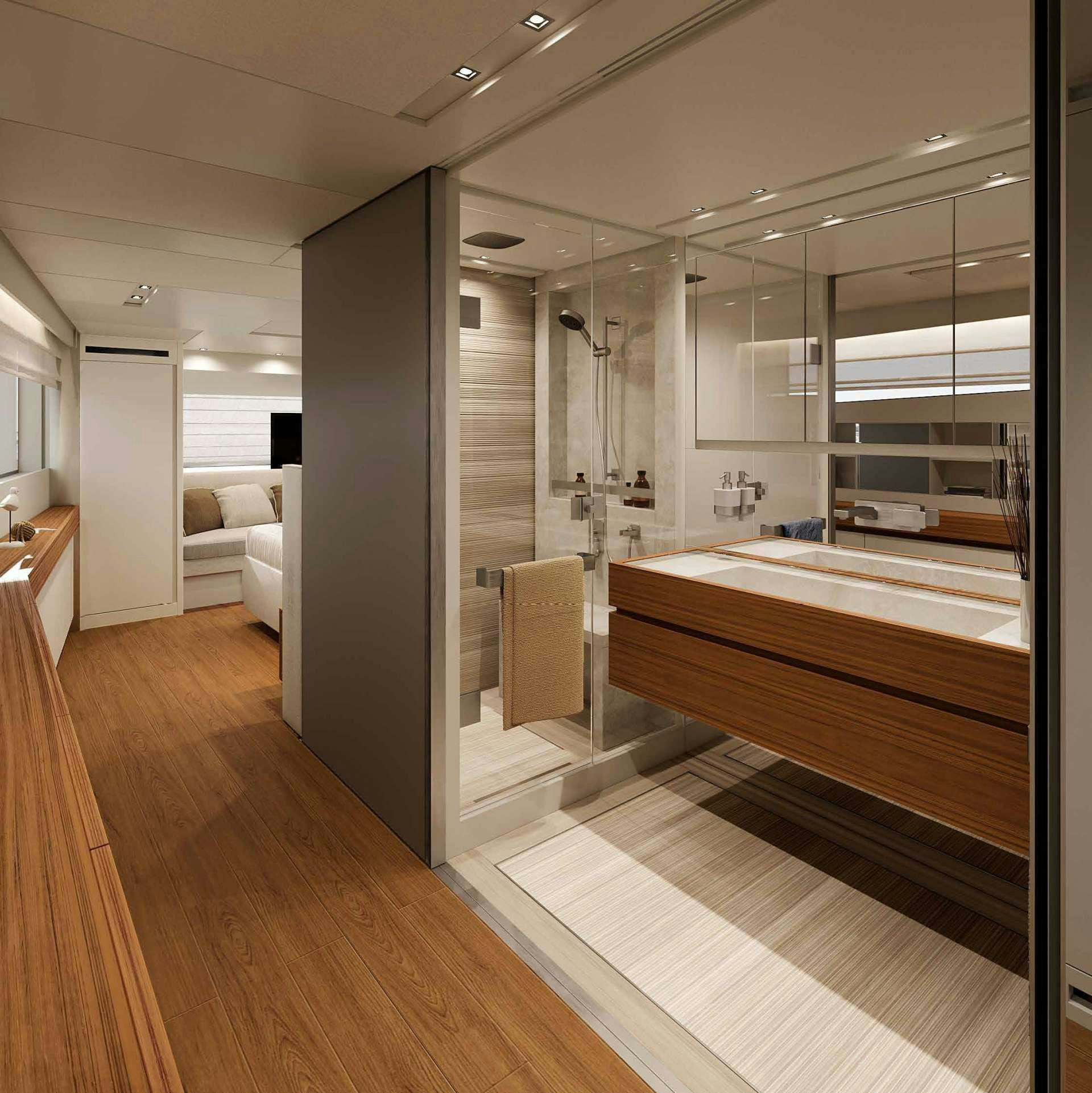 a large bathroom with a large mirror aboard SALT Yacht for Charter
