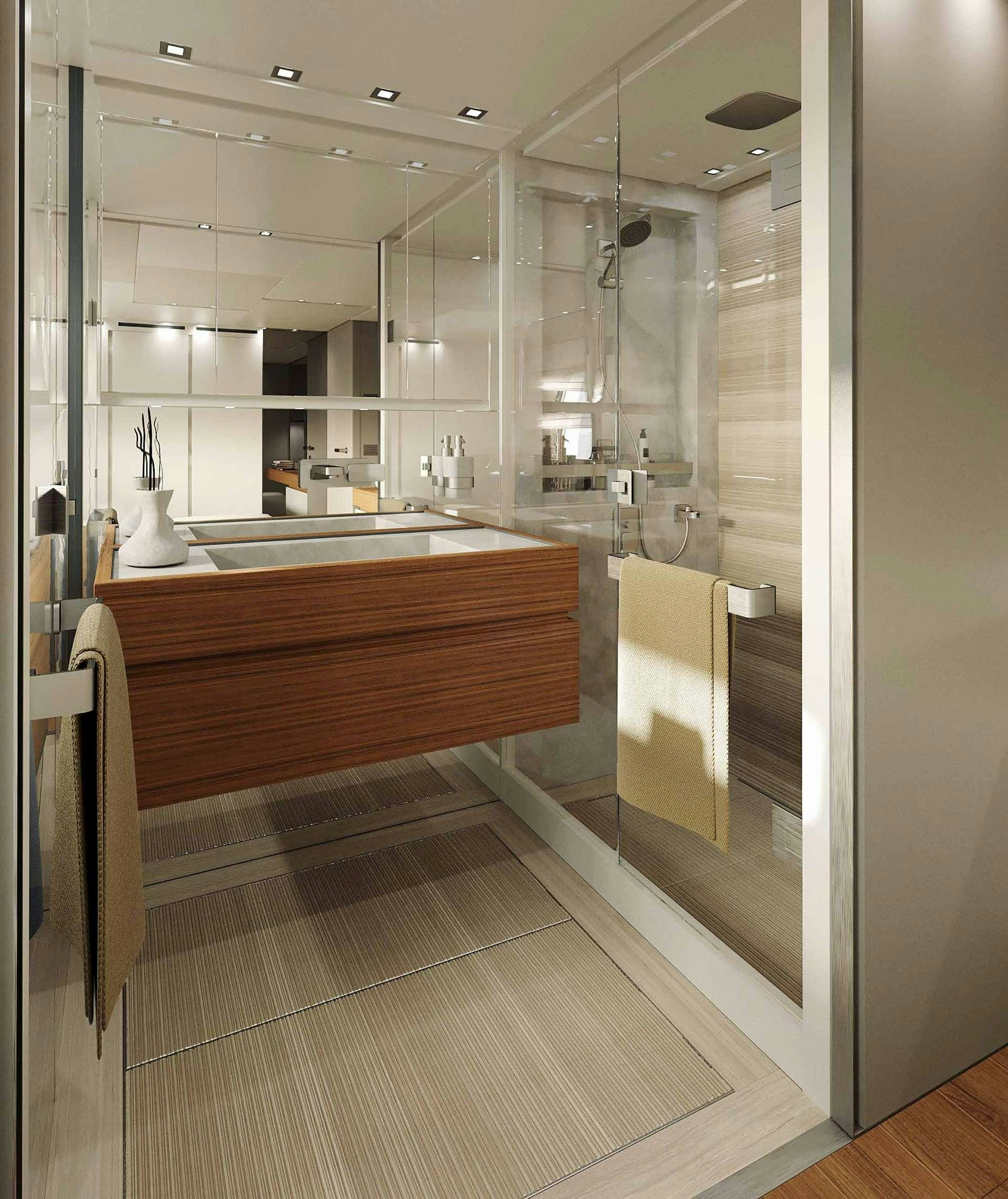 a bathroom with a glass shower aboard SALT Yacht for Charter
