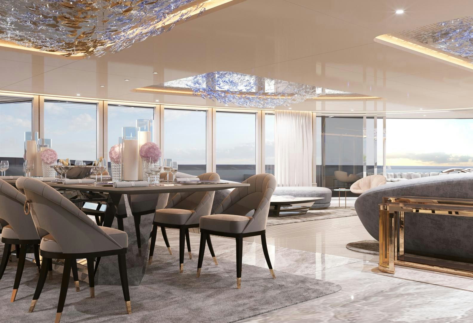 a room with a table and chairs aboard BEYOND 82M Yacht for Sale