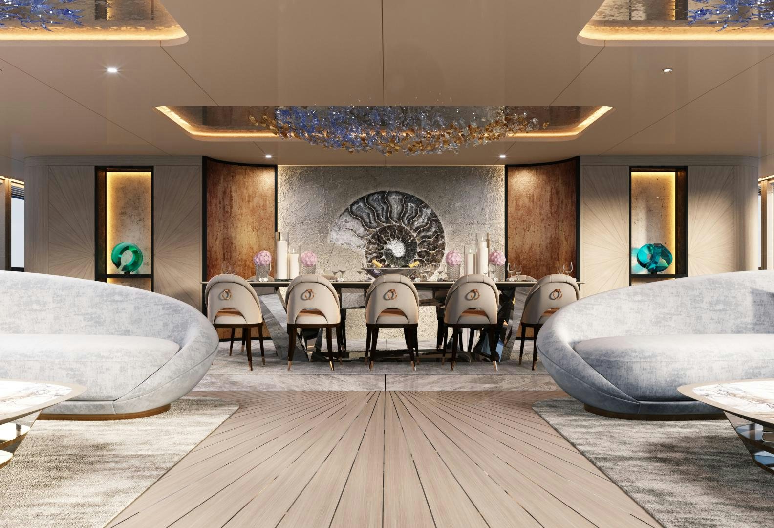 a room with a large chandelier and a wood floor aboard BEYOND 82M Yacht for Sale