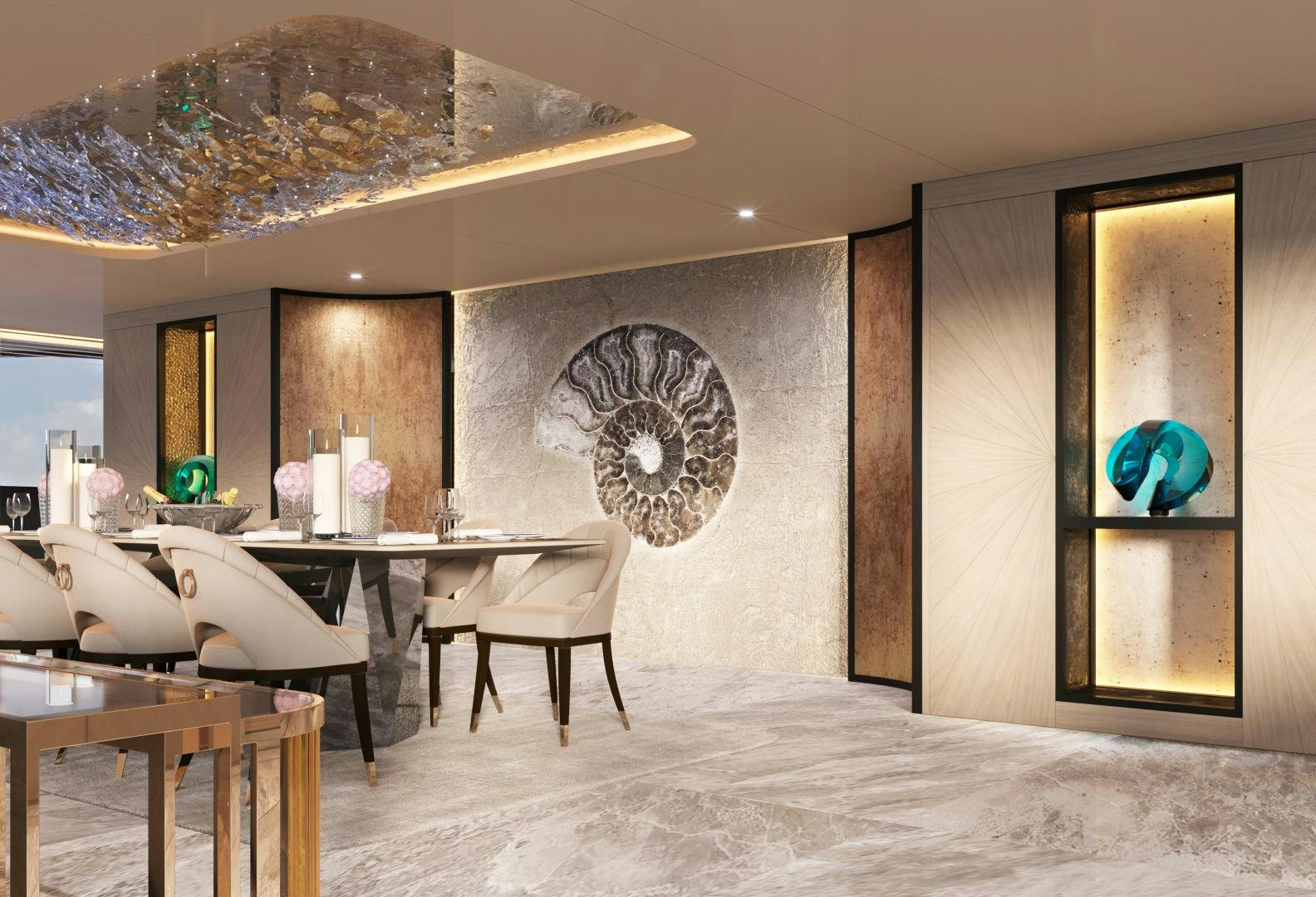 a room with a table and chairs aboard BEYOND 82M Yacht for Sale