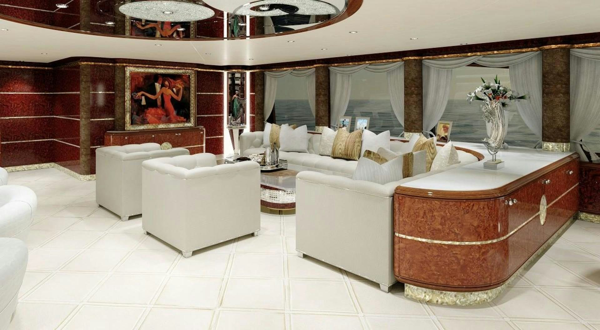 a room with a white couch and a large mirror aboard CUSTOM 75M Yacht for Sale