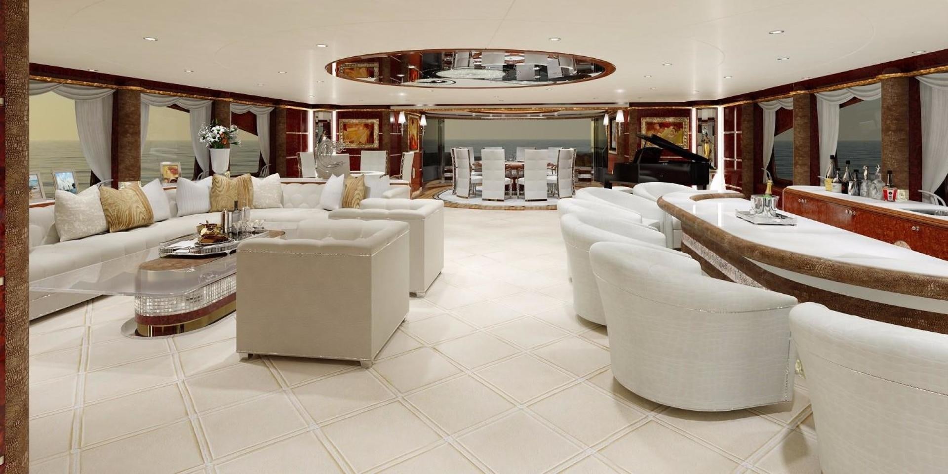 a large living room with a piano aboard CUSTOM 75M Yacht for Sale