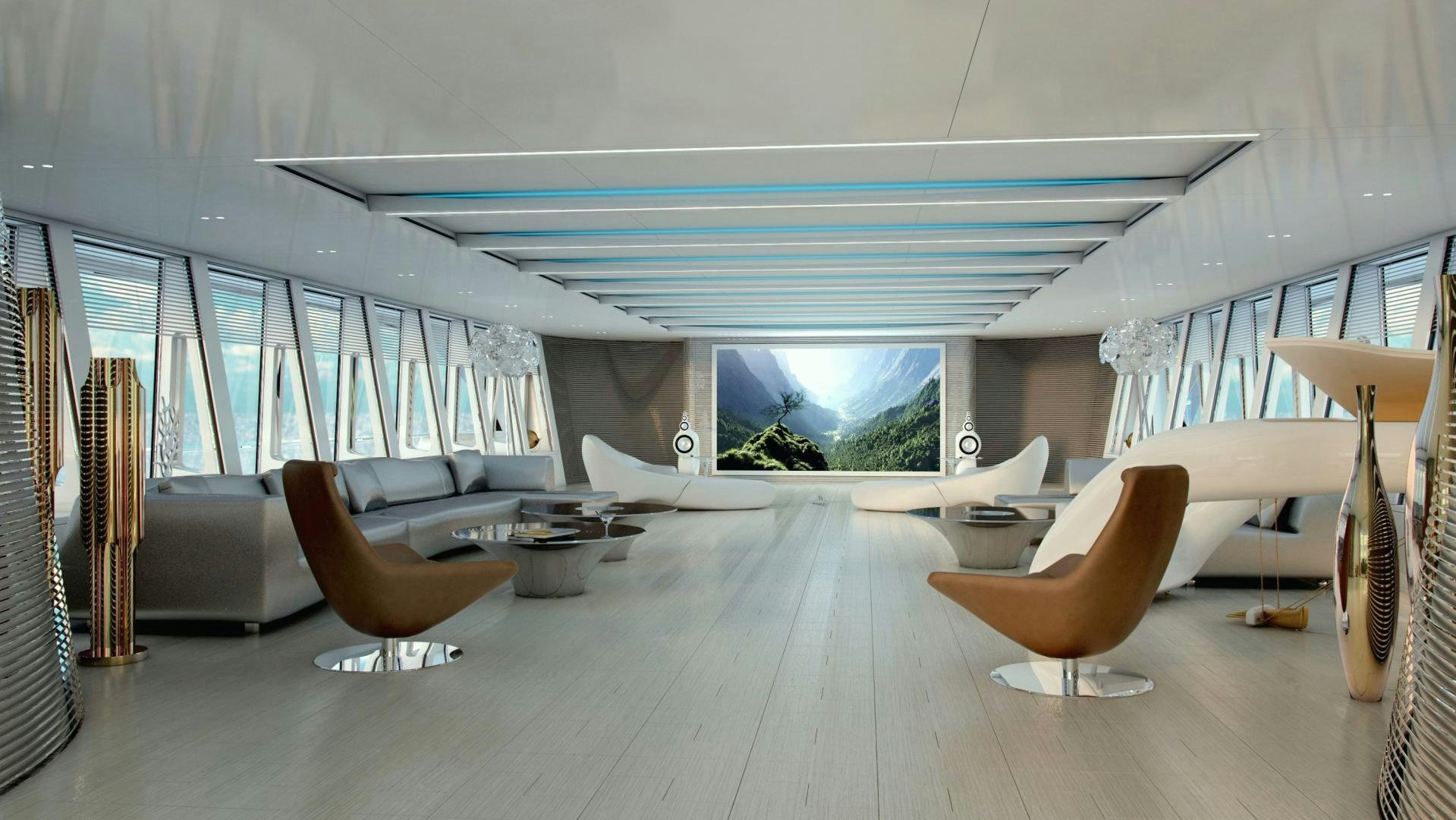 a room with a couch and a table and chairs aboard BEYOND 72M Yacht for Sale