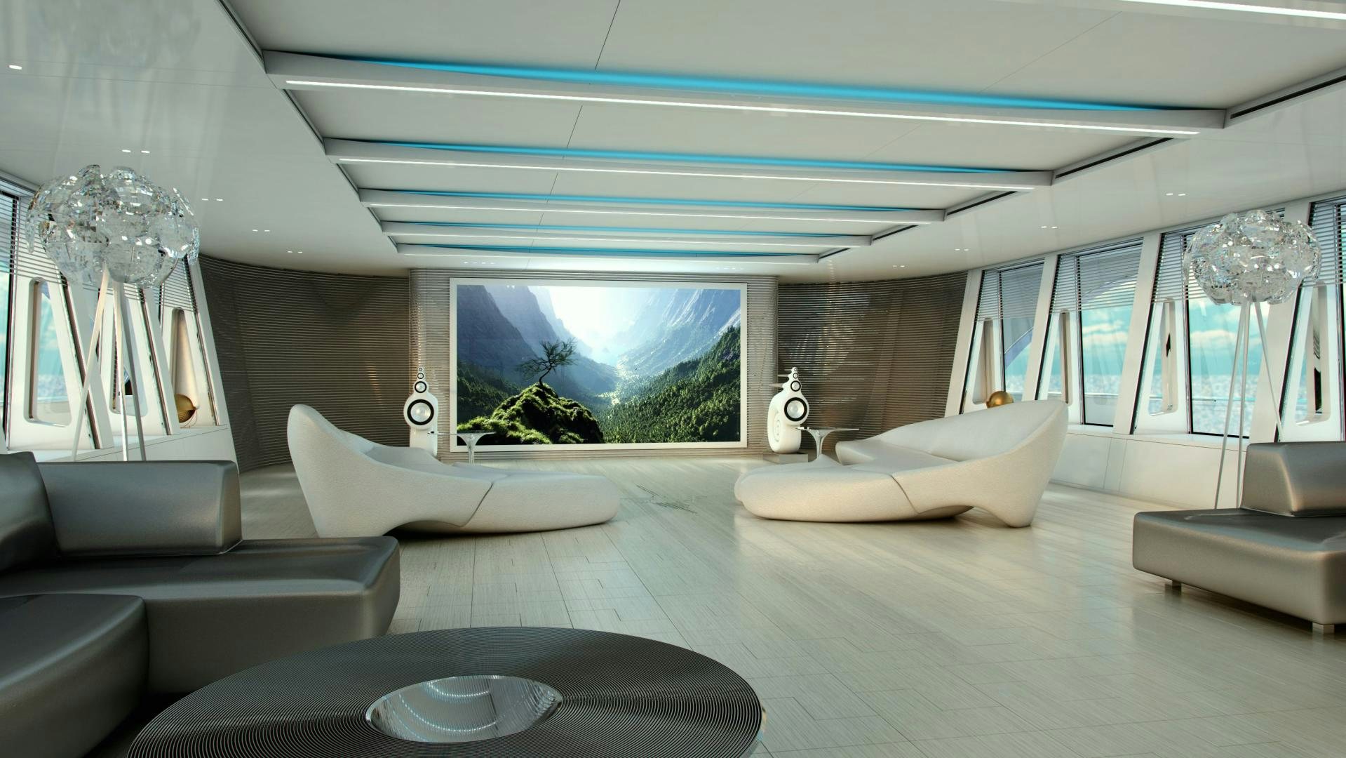 a large living room with a large aquarium aboard BEYOND 72M Yacht for Sale