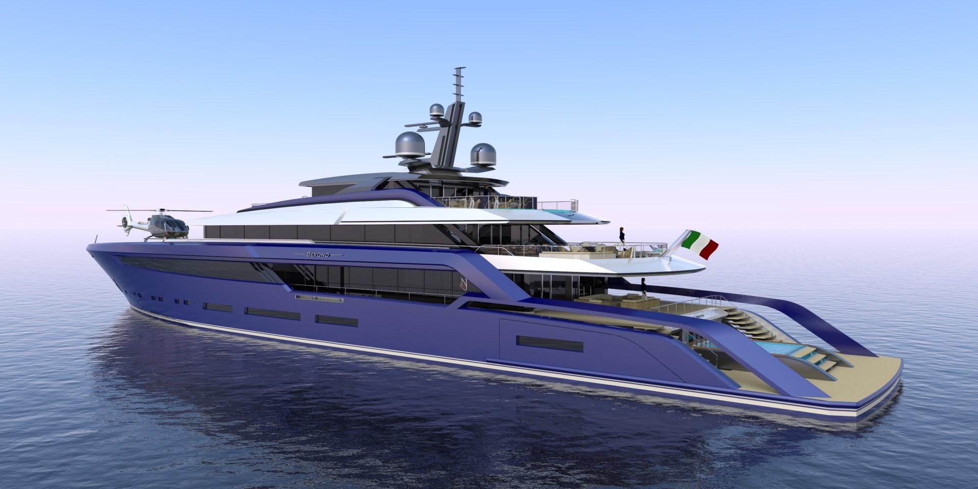 a large white and blue boat aboard BEYOND 72M Yacht for Sale