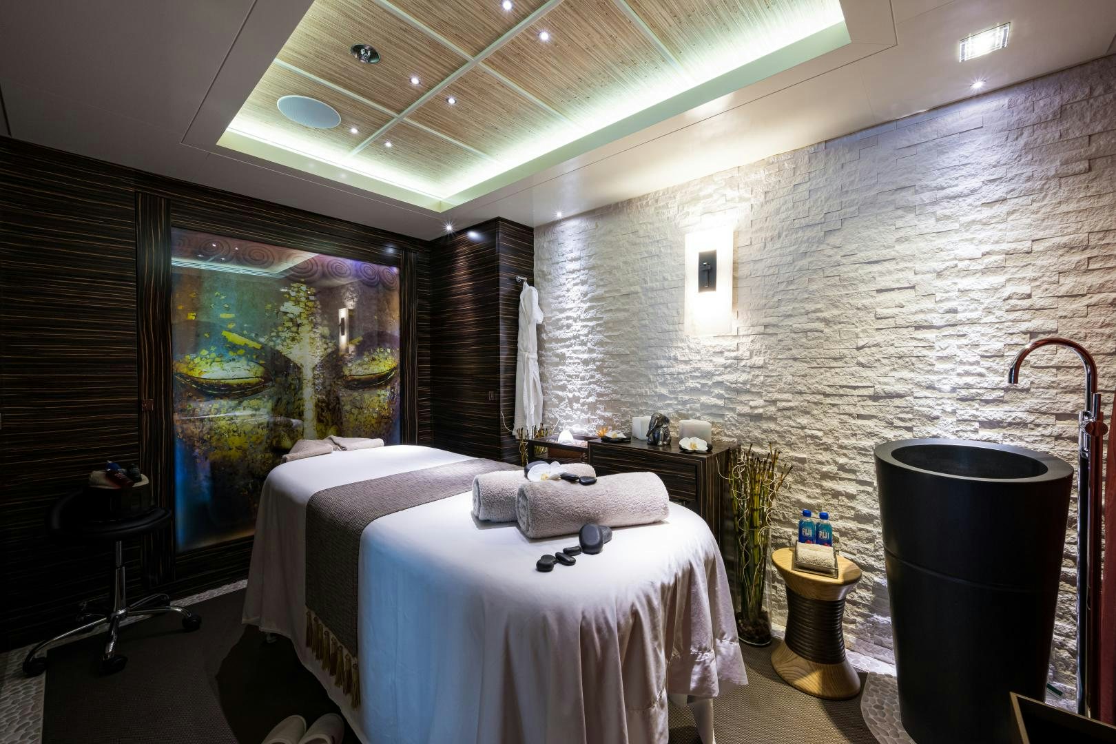 a large bathroom with a large window aboard QUANTUM OF SOLACE Yacht for Sale