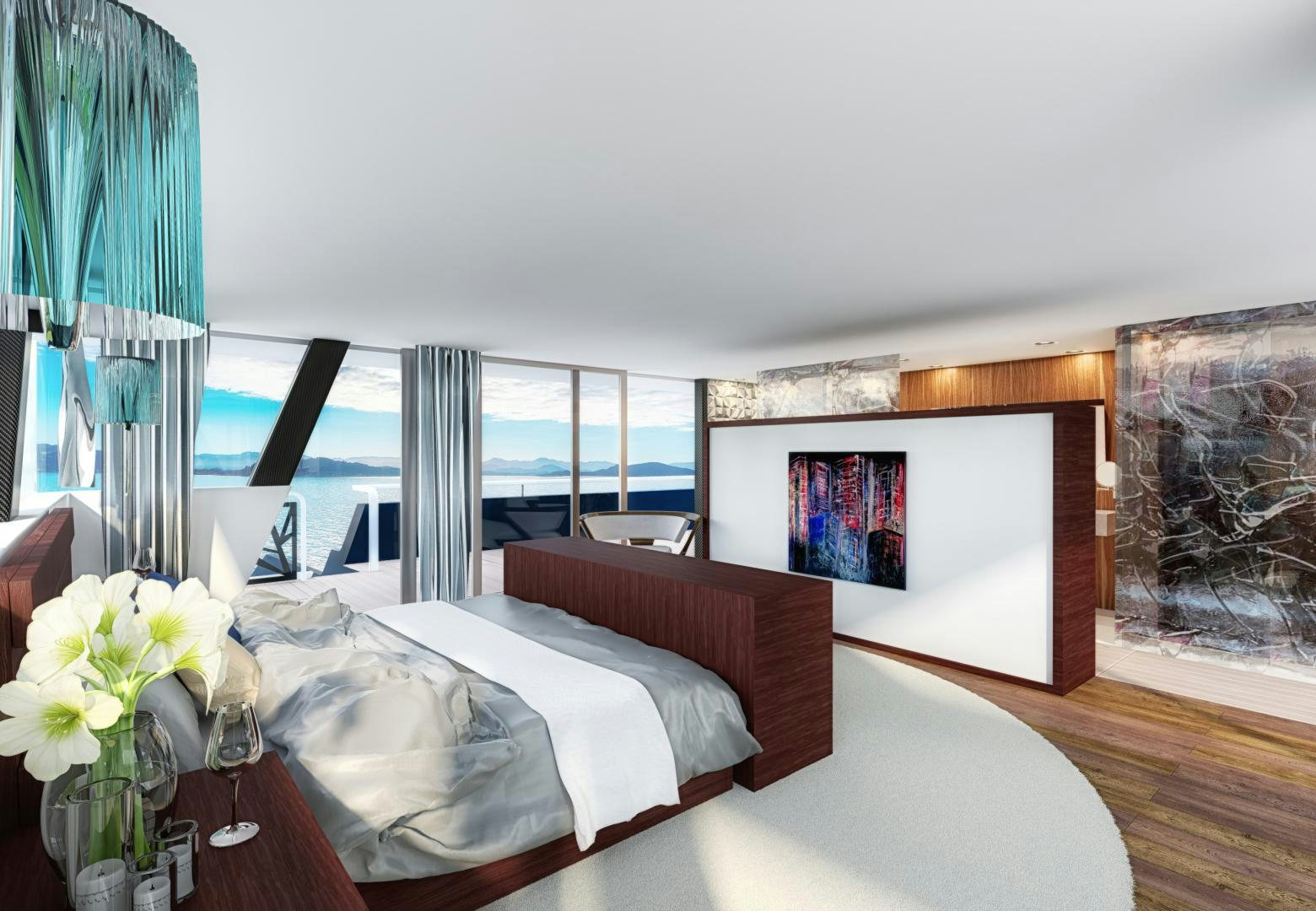 a room with a bed and a window aboard SEA VOYAGER 223 Yacht for Sale