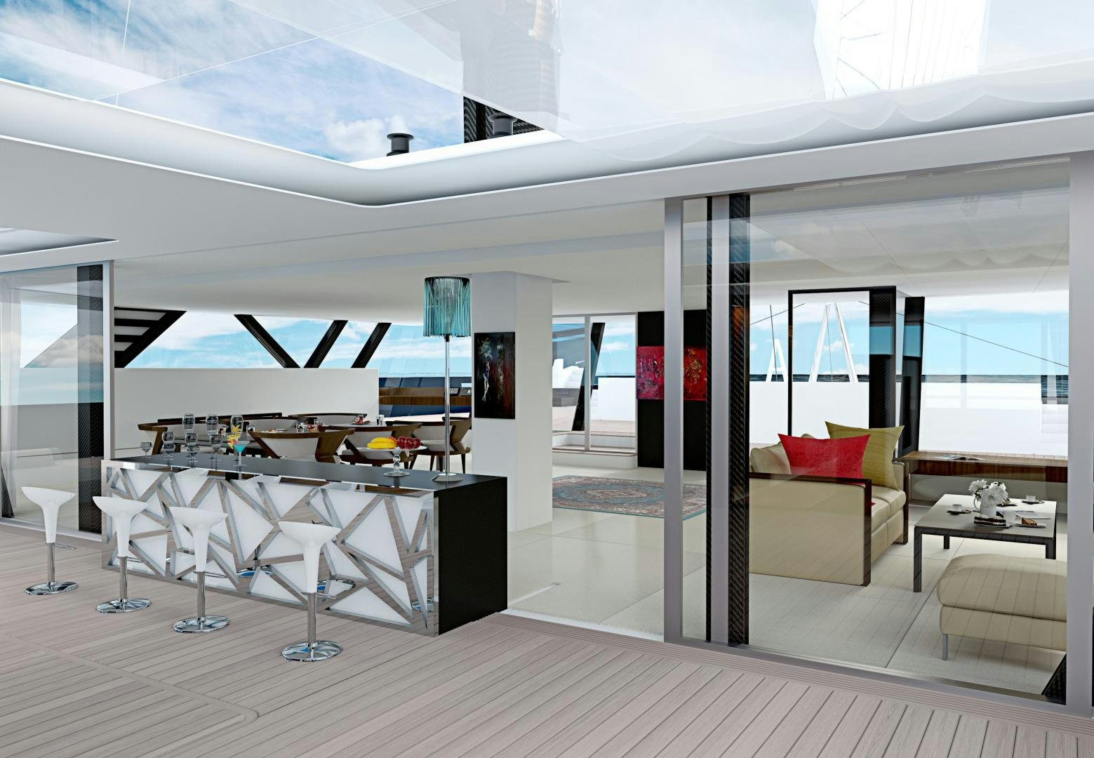 a room with white walls and a wood floor and a large window aboard SEA VOYAGER 223 Yacht for Sale