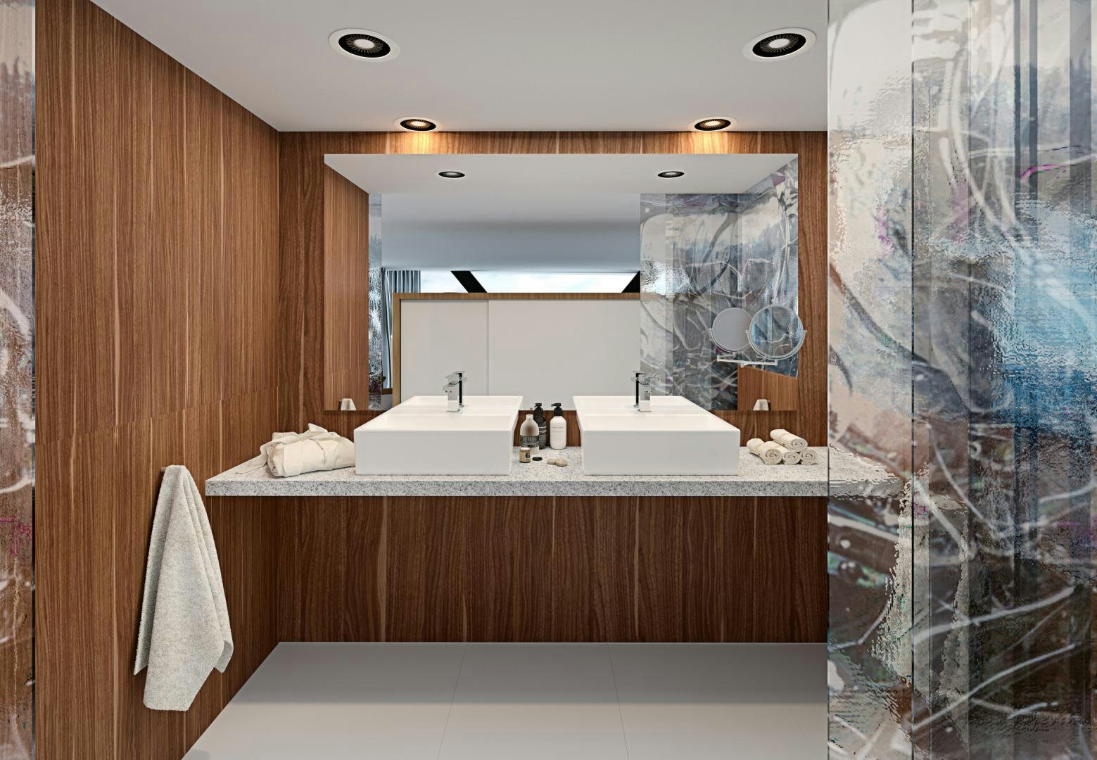 a bathroom with a large mirror aboard SEA VOYAGER 223 Yacht for Sale