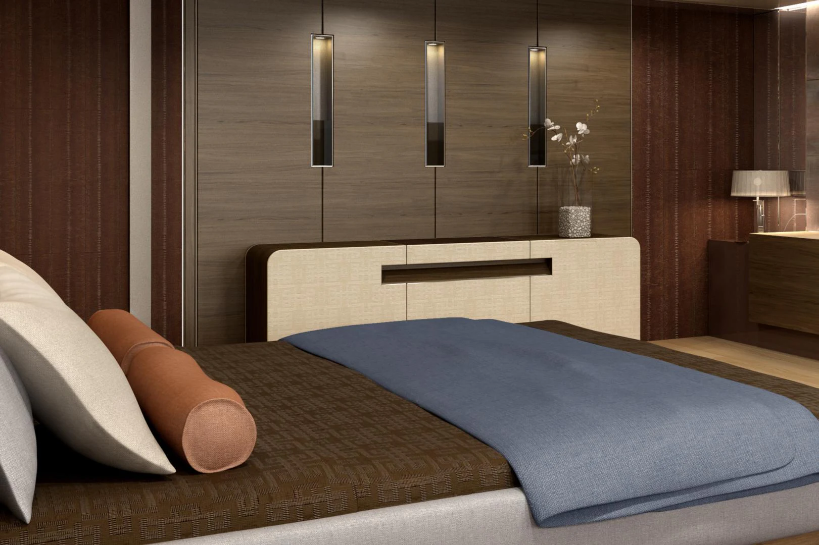 a bed with a blue sheet aboard RMK 58 Yacht for Sale