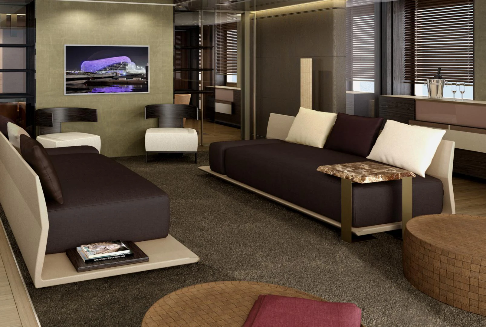 a living room with a large couch aboard RMK 58 Yacht for Sale