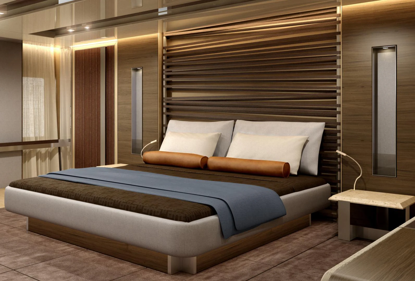 a bed with a blue bed aboard RMK 58 Yacht for Sale