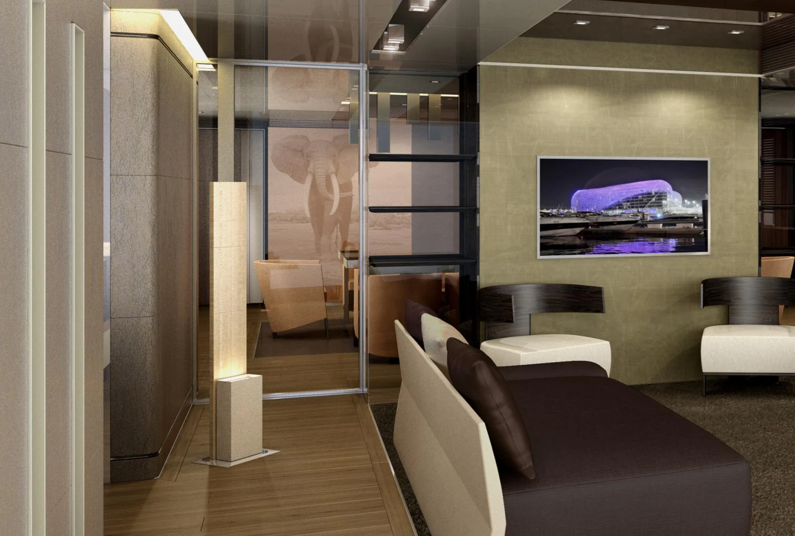 a room with a large screen aboard RMK 58 Yacht for Sale