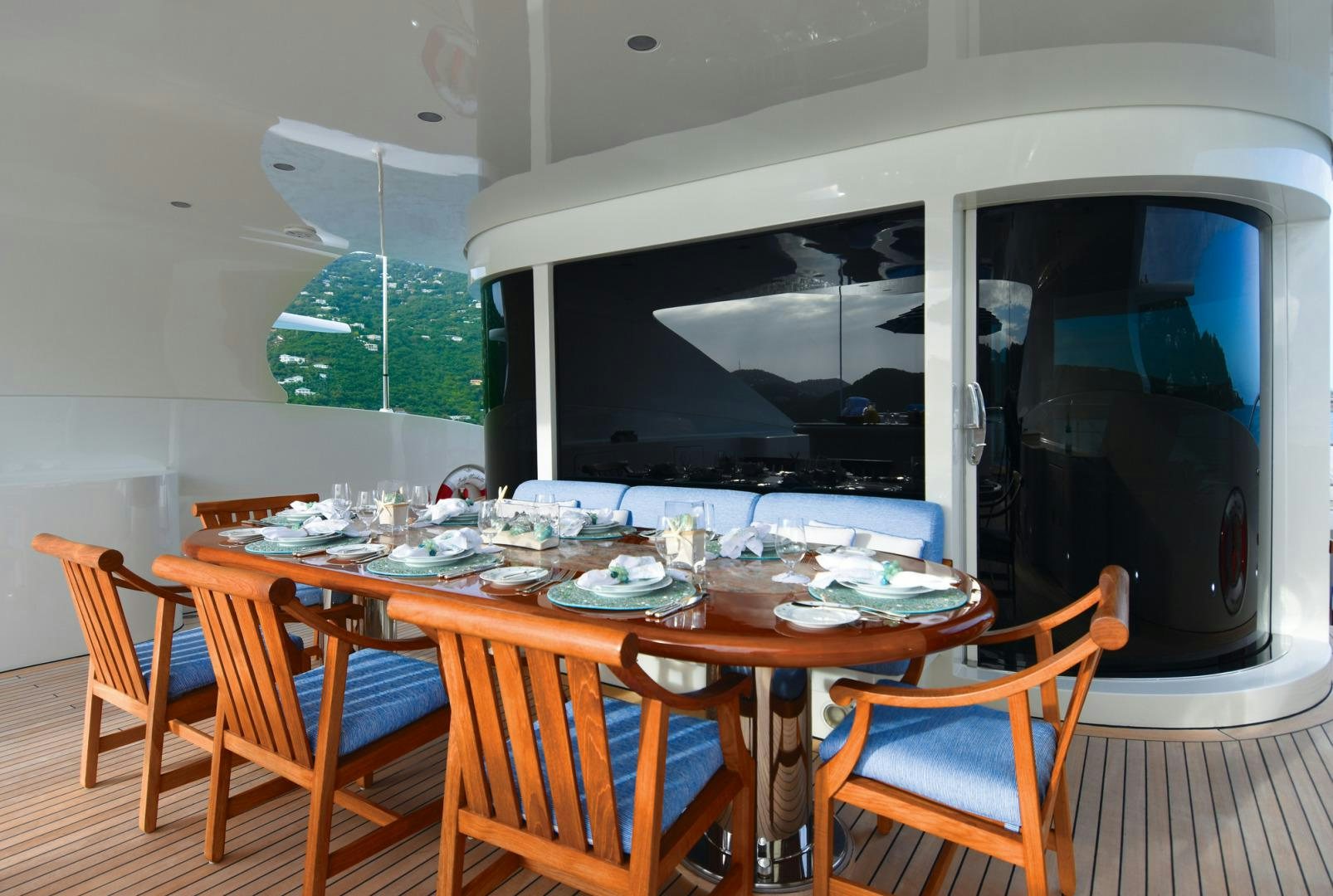 a dining table set for a family dinner aboard NEXT CHAPTER Yacht for Sale