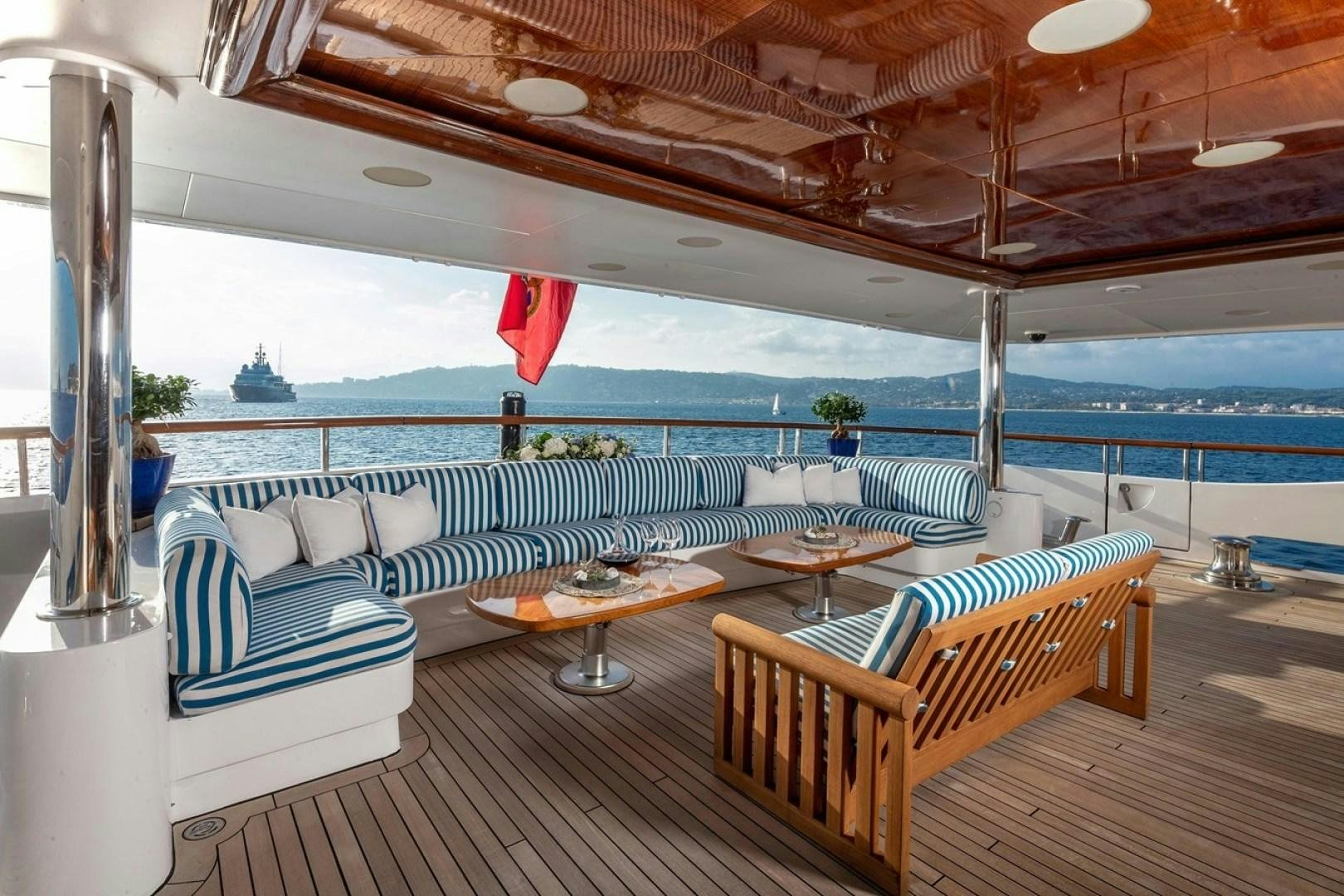 a large lounge area with a large deck and a view of the ocean aboard NEXT CHAPTER Yacht for Sale